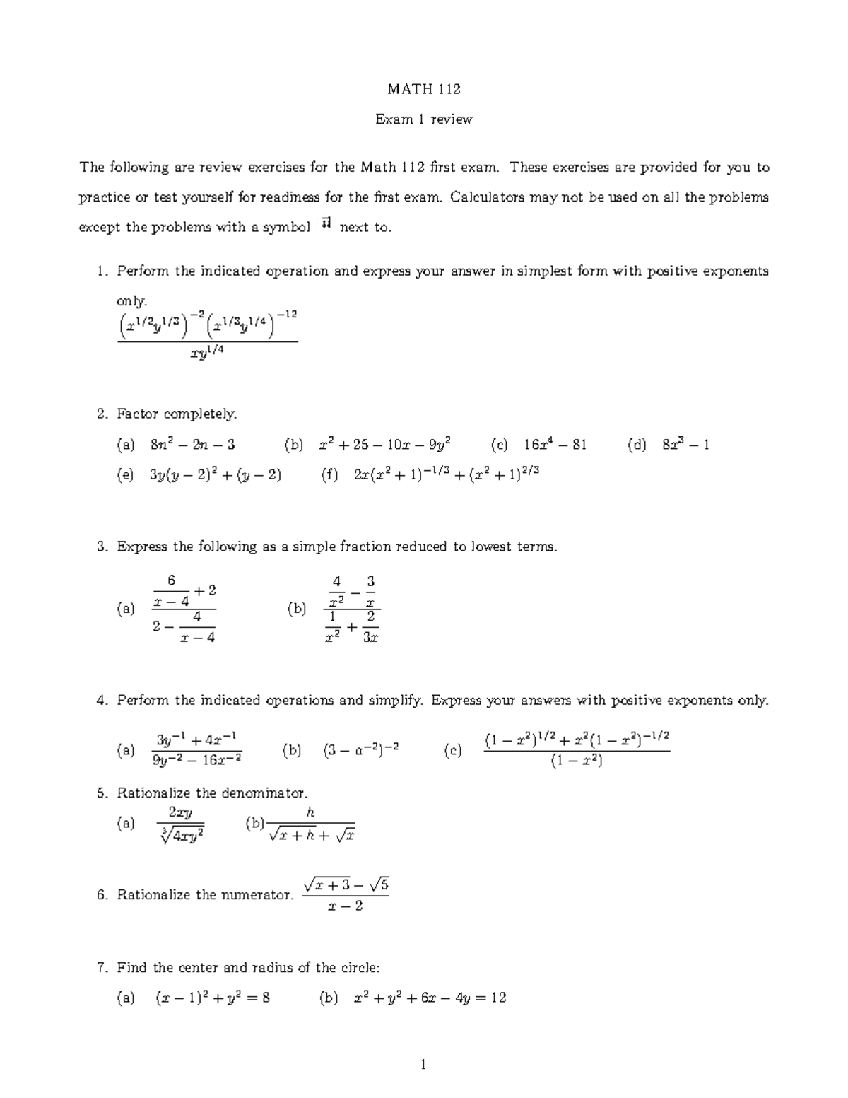 Math 112 Exam 1 Review - MATH 112 Exam 1 Review The Following Are ...