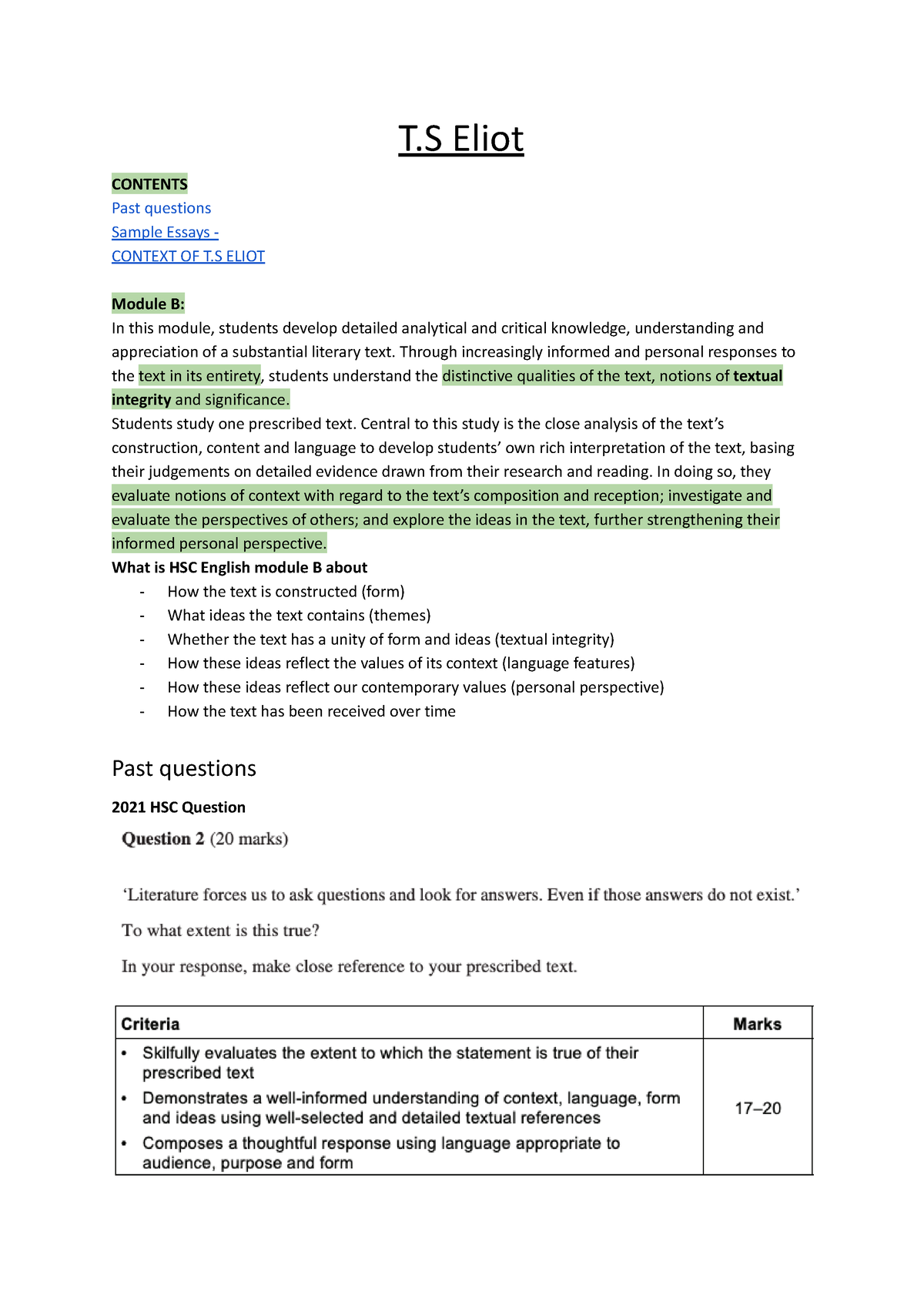 HSC ENG ADV Module B Critical Study OF LIT - T.S. Eliot Poems Analysis ...