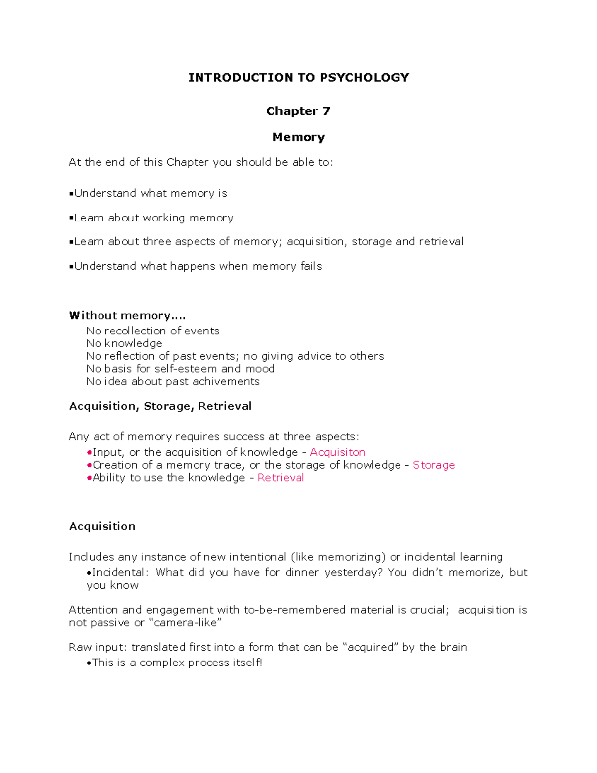 PSYCH 101: Notes Based On Memory - INTRODUCTION TO PSYCHOLOGY Chapter 7 ...