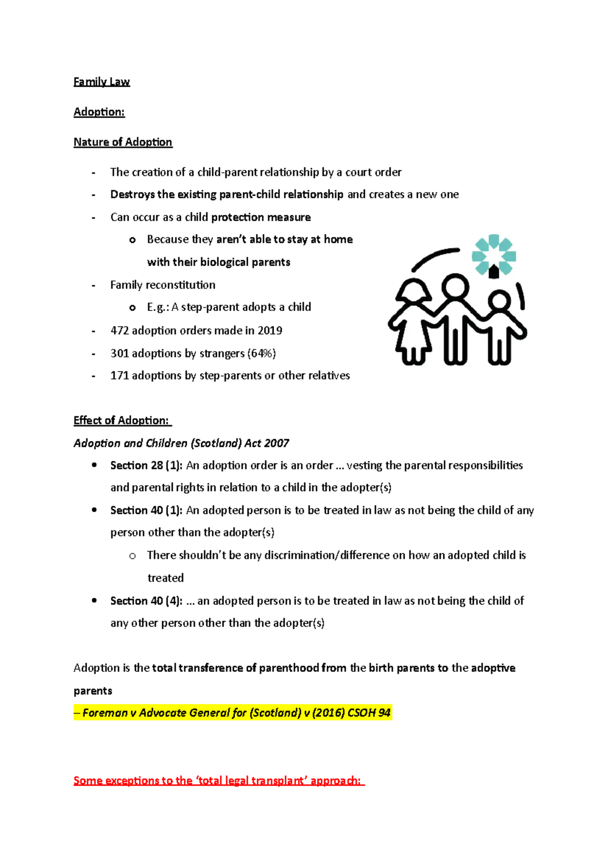 Adoption Lecture notes 2.0 Family Law Adoption Nature of Adoption