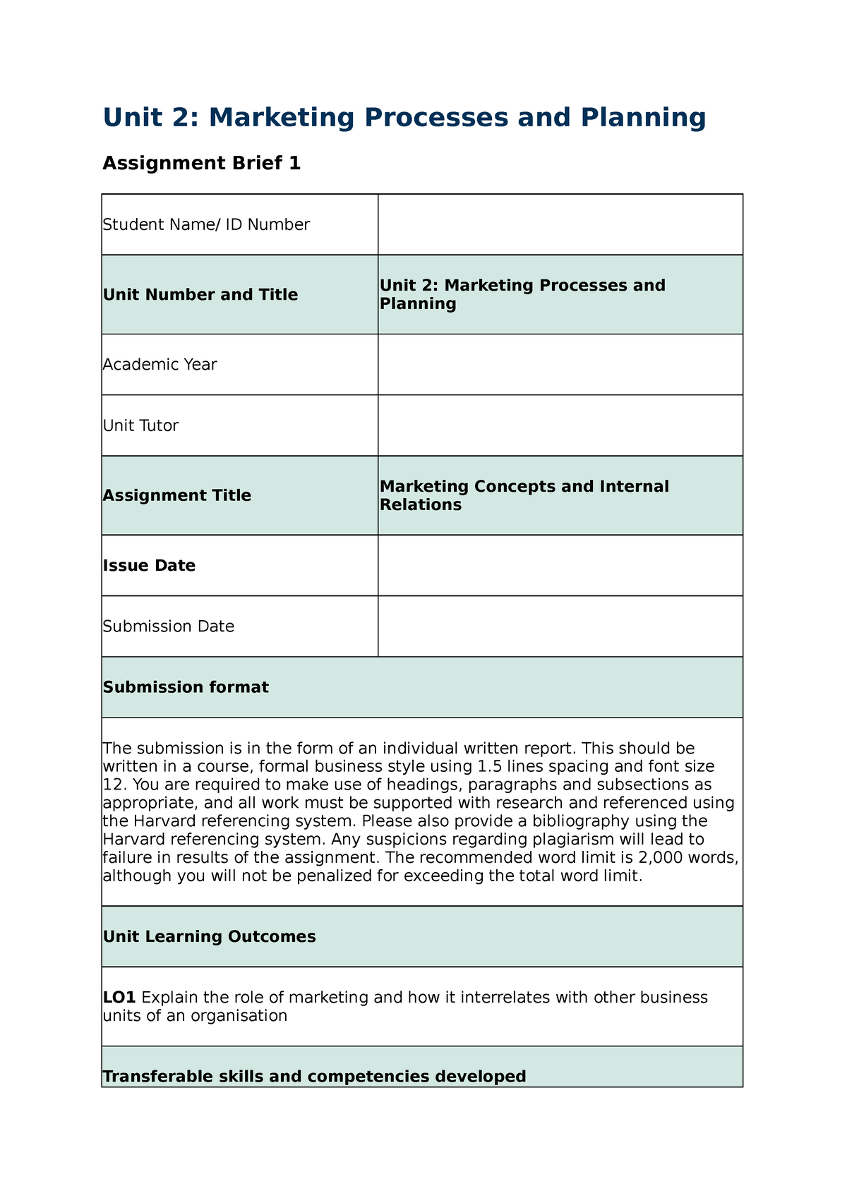 Unit 2 - Assignment Brief 1 about marketing process and planning - Unit ...