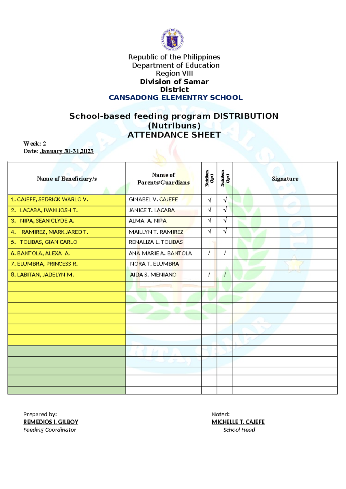 SBFP 2023 Attendance Sheet Sample - Republic of the Philippines ...