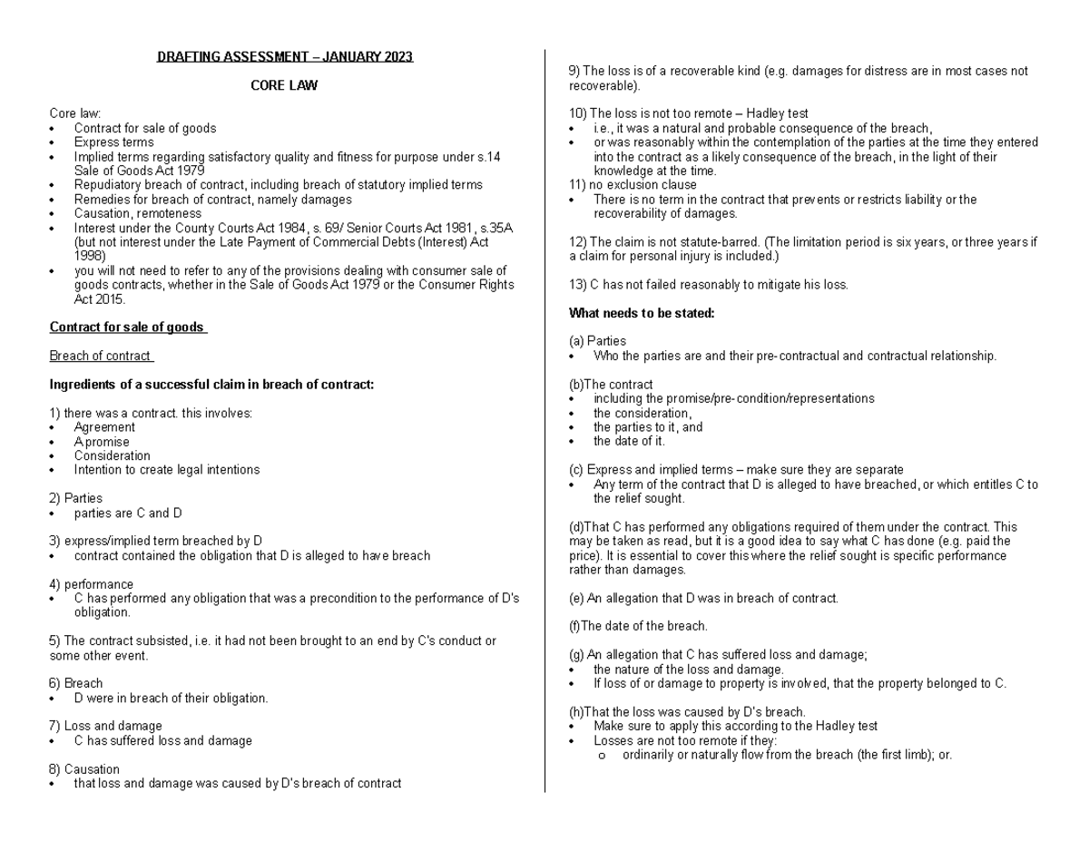 CORE LAW summary notes made for my drafting exam. core law is on contract of sales of