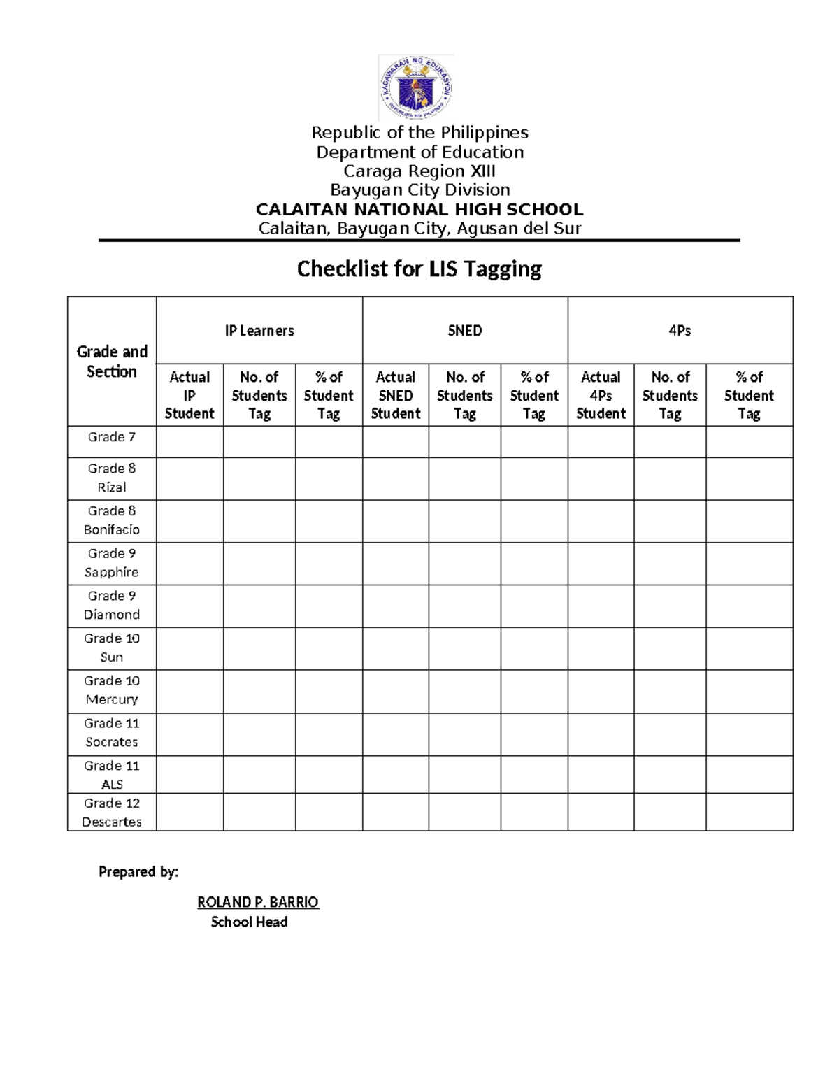 Checklist for LIS Tagging - Republic of the Philippines Department of ...