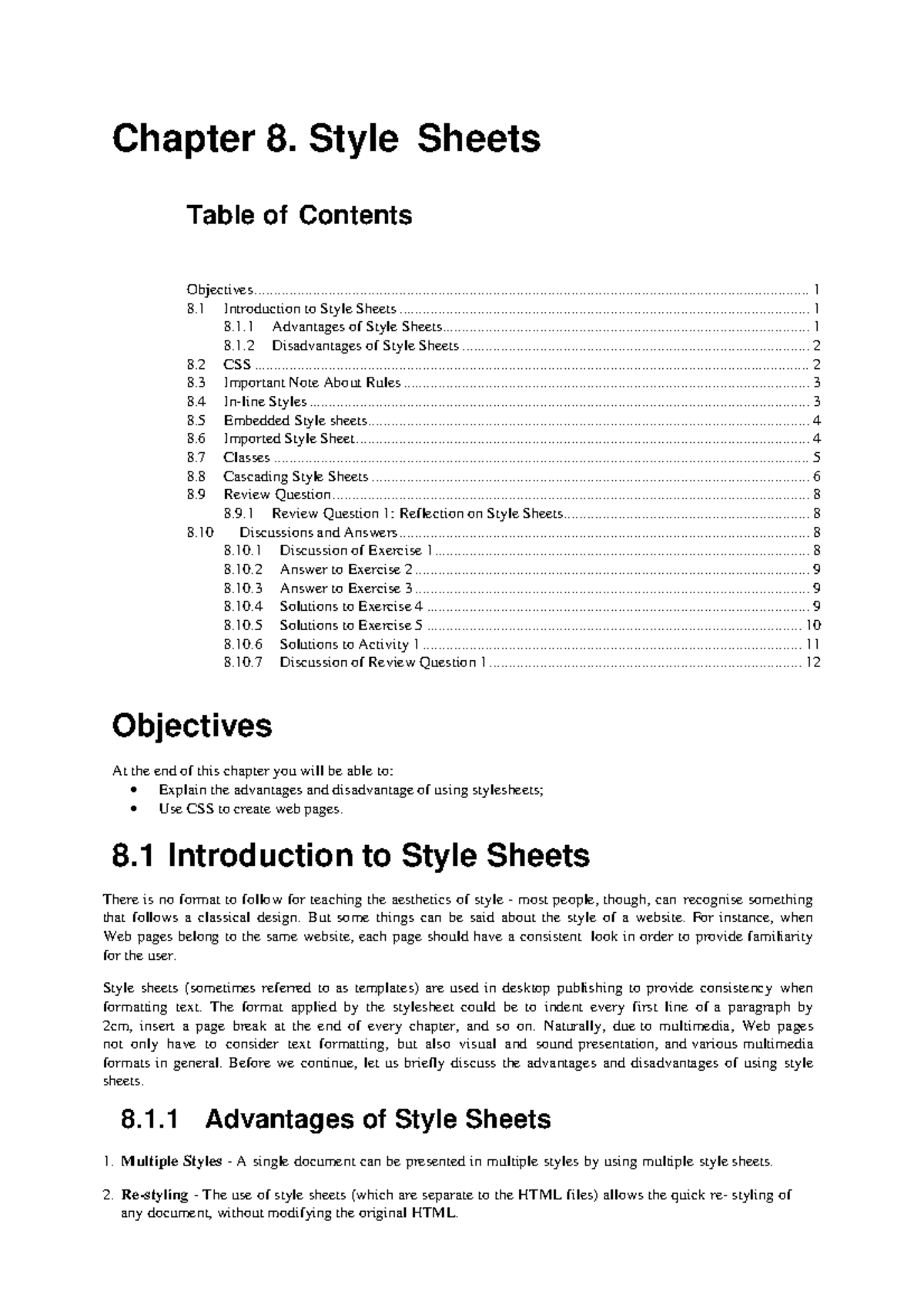 Stylesheet - Chapter 8. Style Sheets Table of Contents Objectives - Studocu