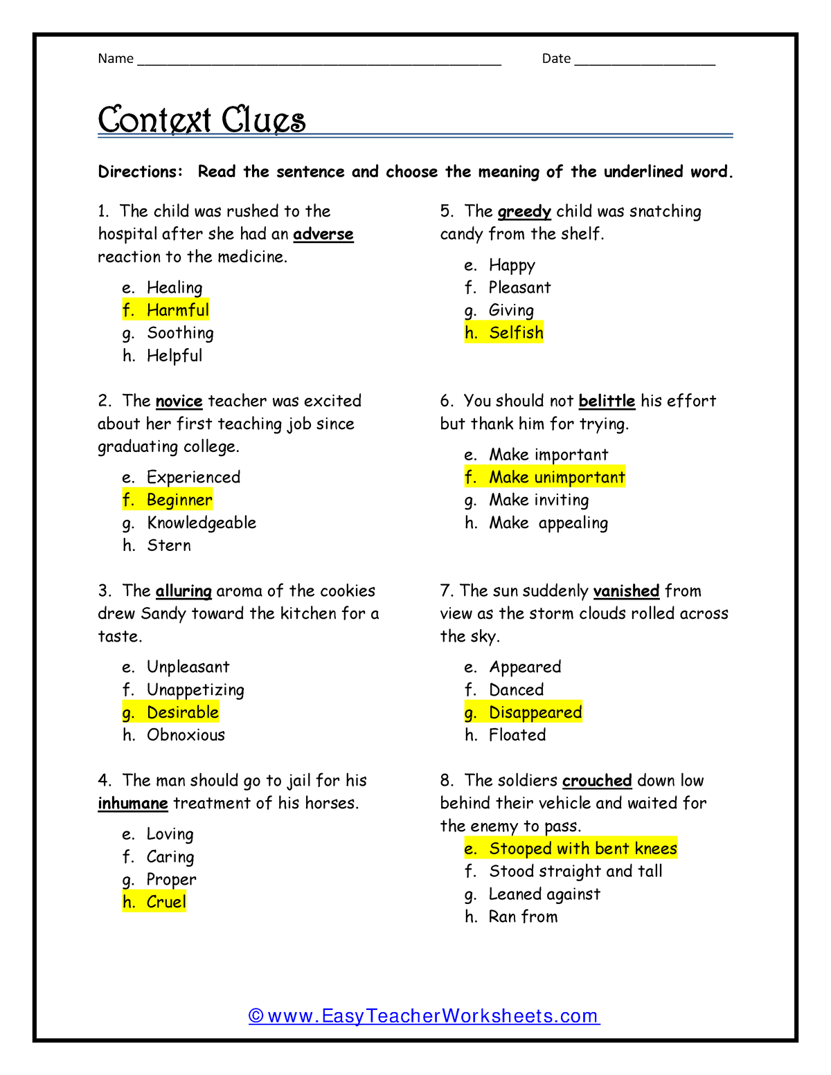 Context Clue Worksheets Answer Name Date 7998