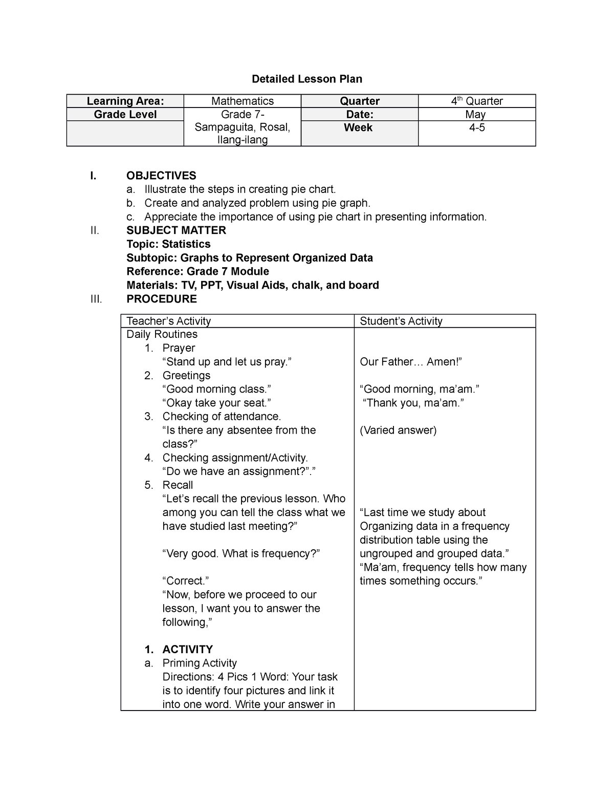 Grade 7 Module 4 - detailed lesson plan - Detailed Lesson Plan Learning ...