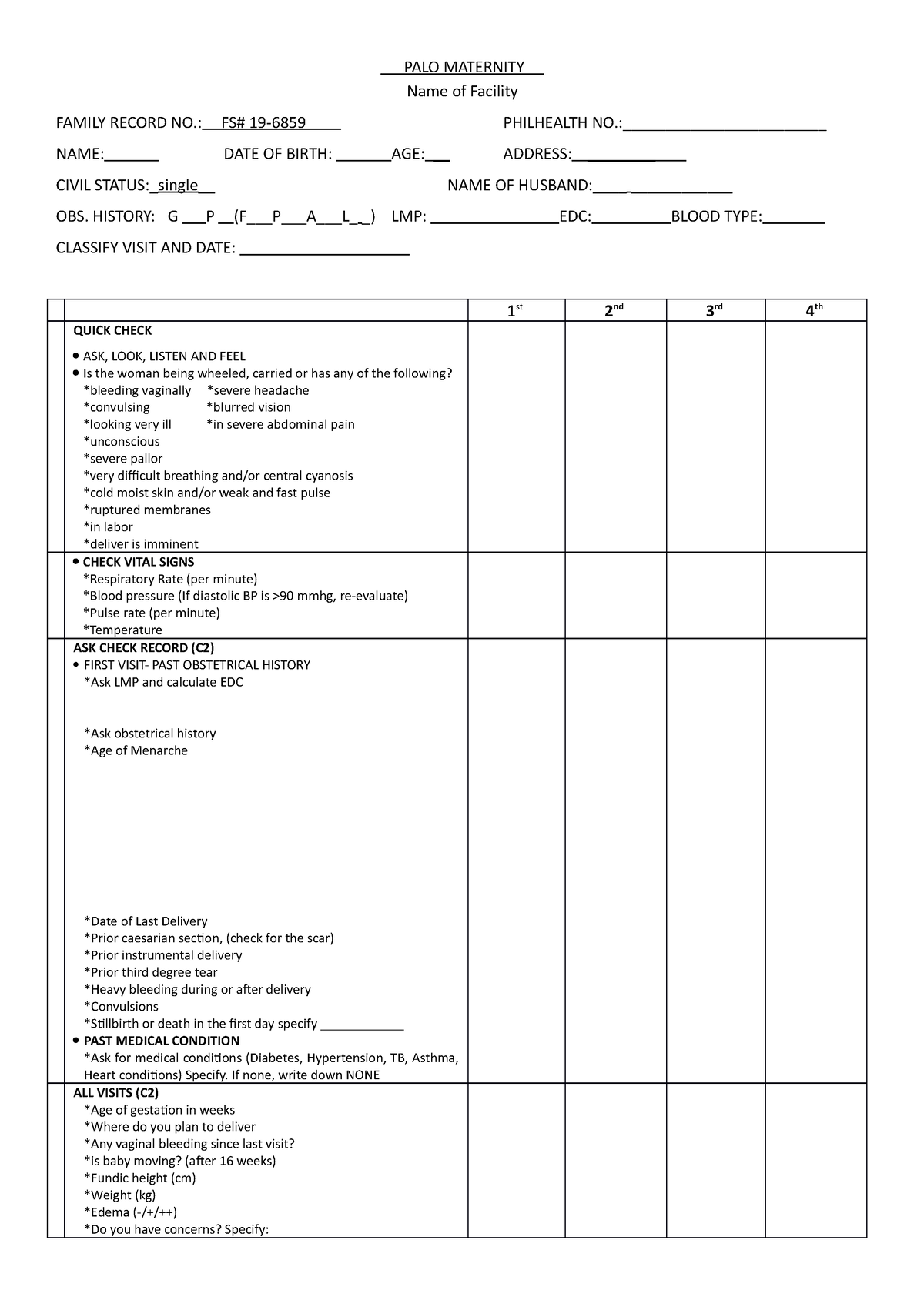 Prenatal-FORM - Prenatal Assessment - PALO MATERNITY Name of Facility ...