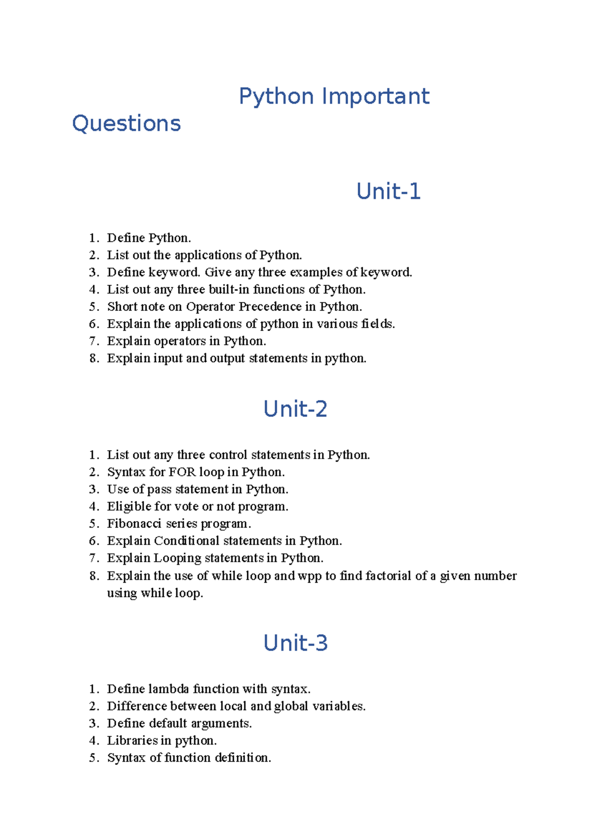 Python Important Questions - Python Important Questions Unit- Define ...