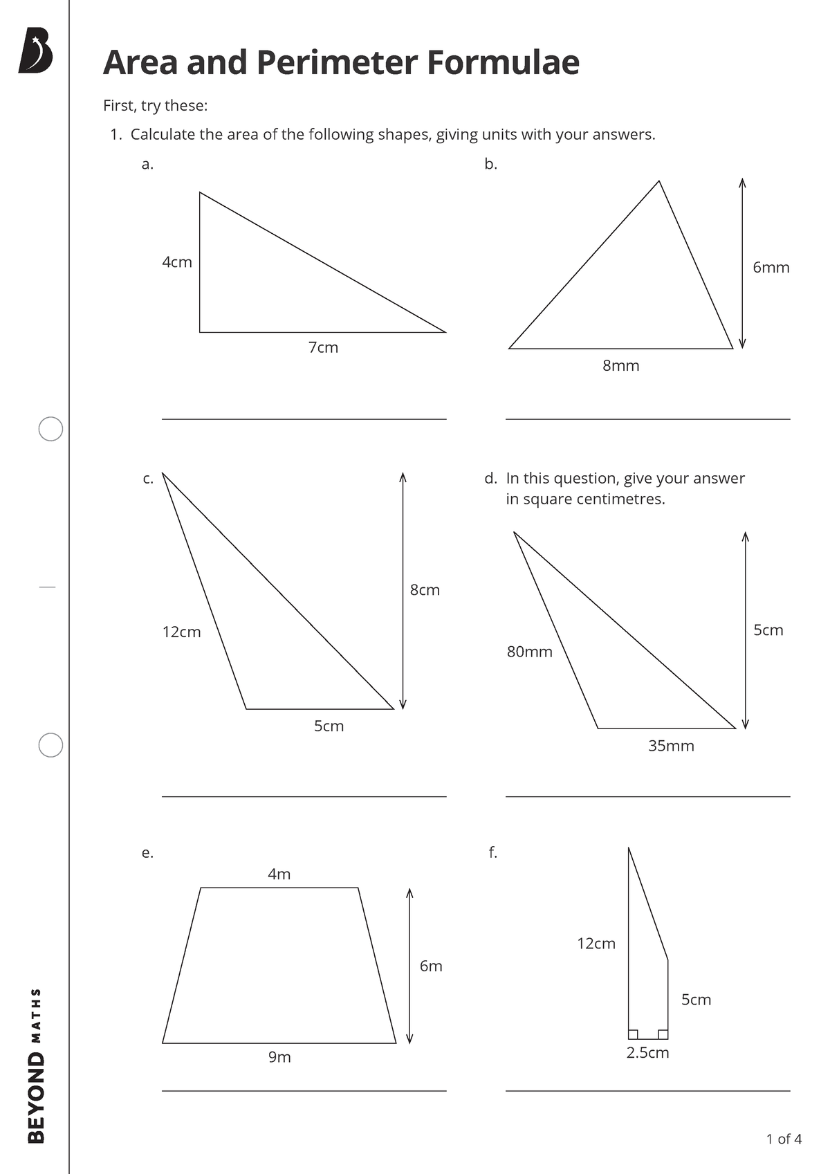 Area and Perimeter Formulae - Worksheet - First, try these: Calculate ...