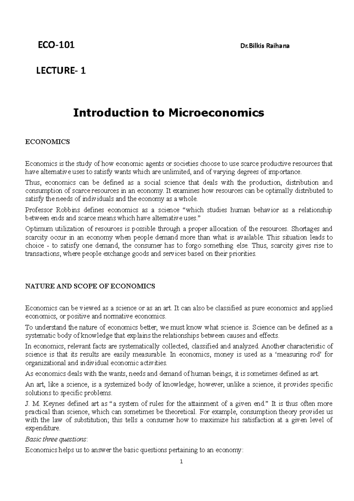 Micro notes 1 - ECO-101 Dr Raihana LECTURE- 1 Introduction to ...