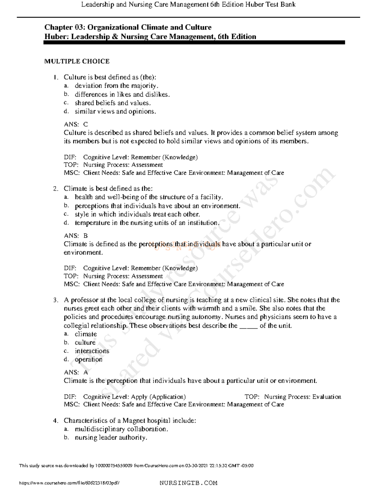 03 - Practice Test. - NURSINGTB Chapter 03: Organizational Climate And ...