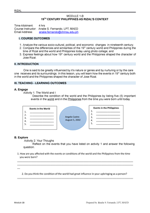 Rizal Module 1B - MODULE 1-B 19 TH CENTURY PHILIPPINES AS RIZAL’S ...