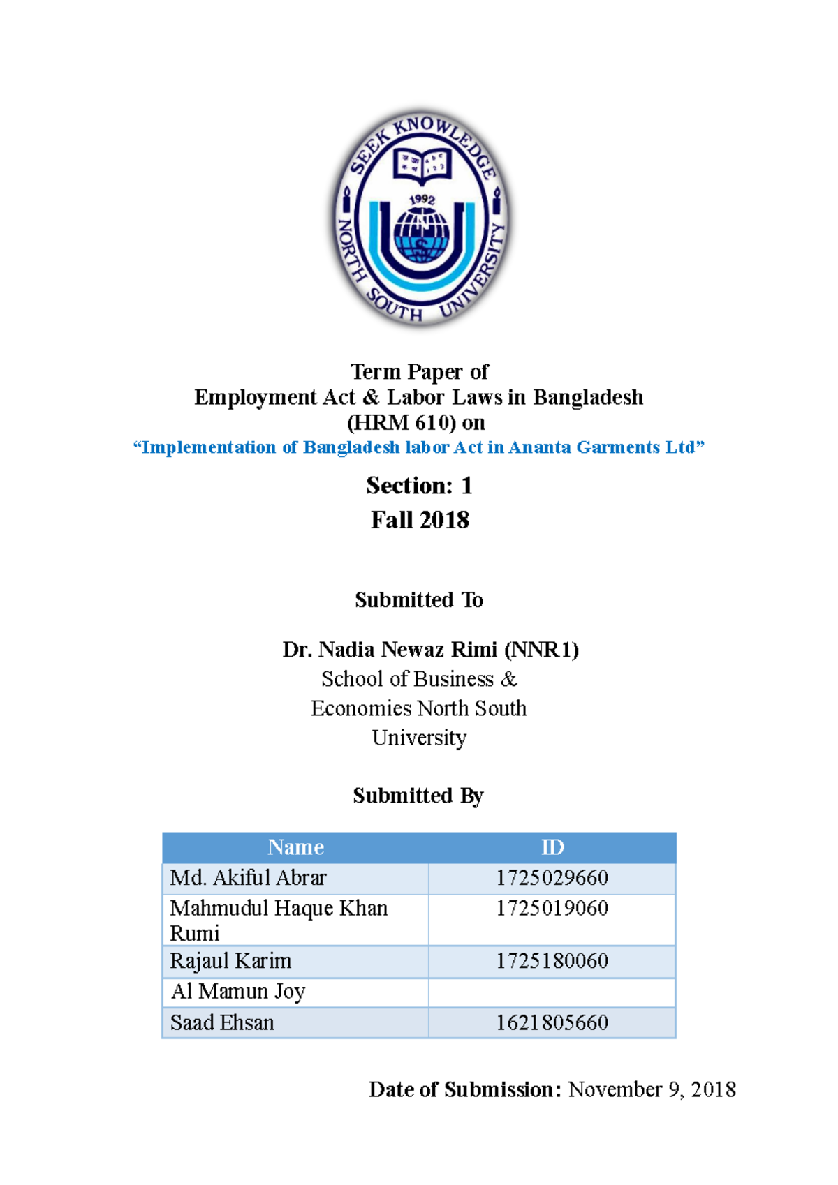 HRM606-Ananta-Garments - Term Paper of Employment Act & Labor Laws in ...