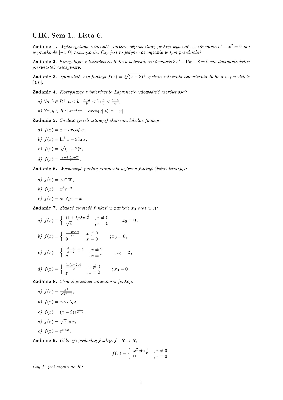 Lista 6 - Analiza Matematyczna - GIK, Sem 1., Lista 6. Zadanie 1ąc ...