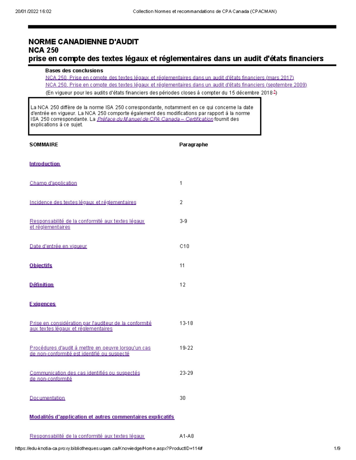 NCA 250 Collection Normes et recommandations de CPA Canada ( Cpacman ...