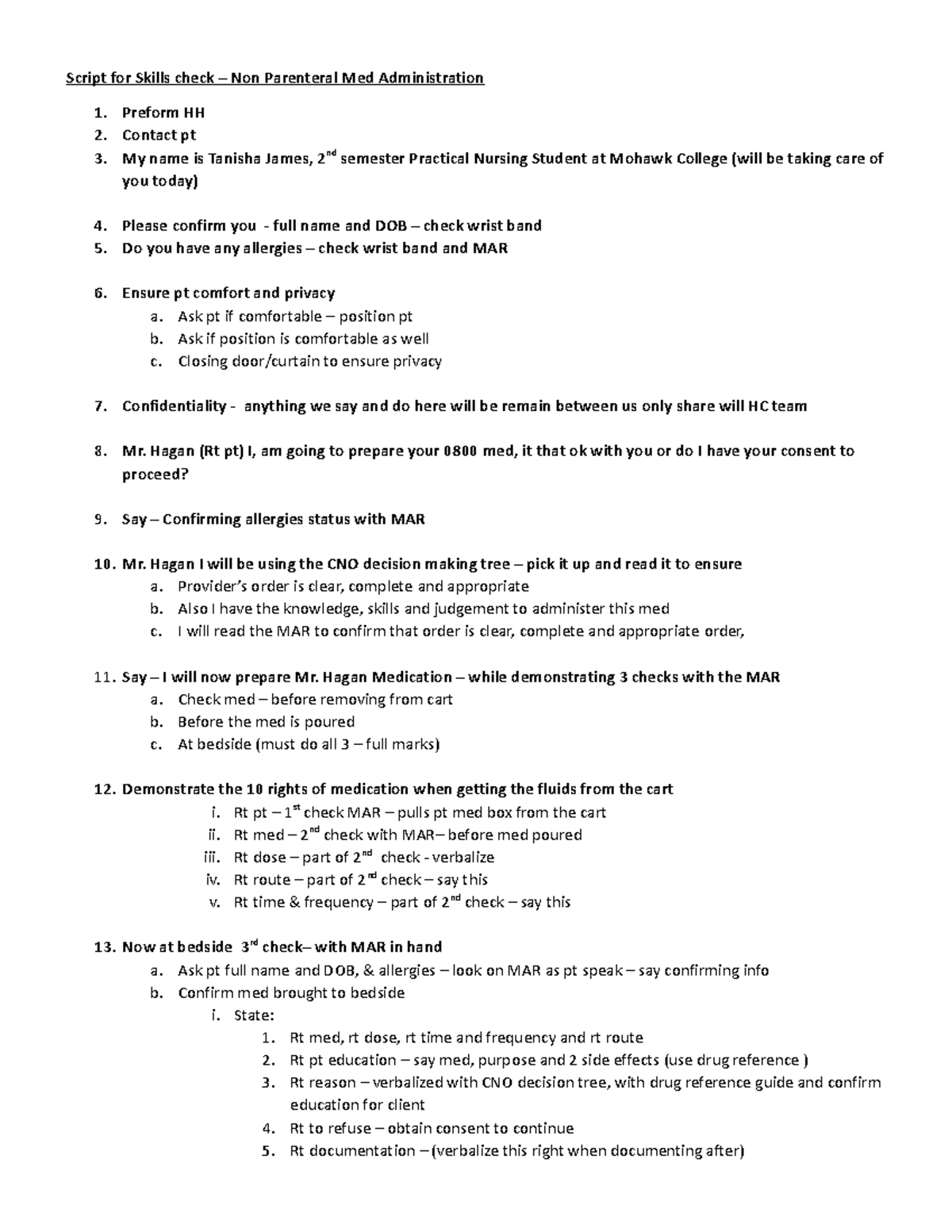 Non Parenteral med admin - Script for Skills check - Script for Skills ...