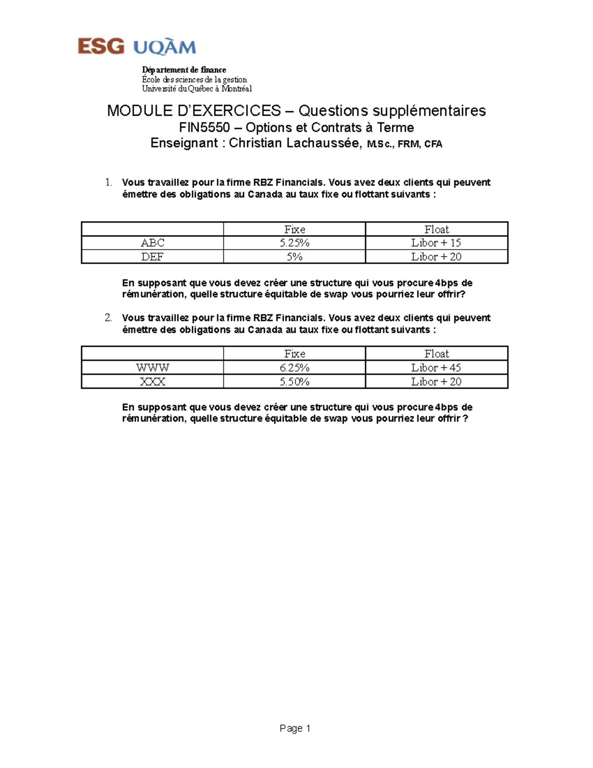 FIN5550 Module Exercices A18A - Département De Finance École Des ...