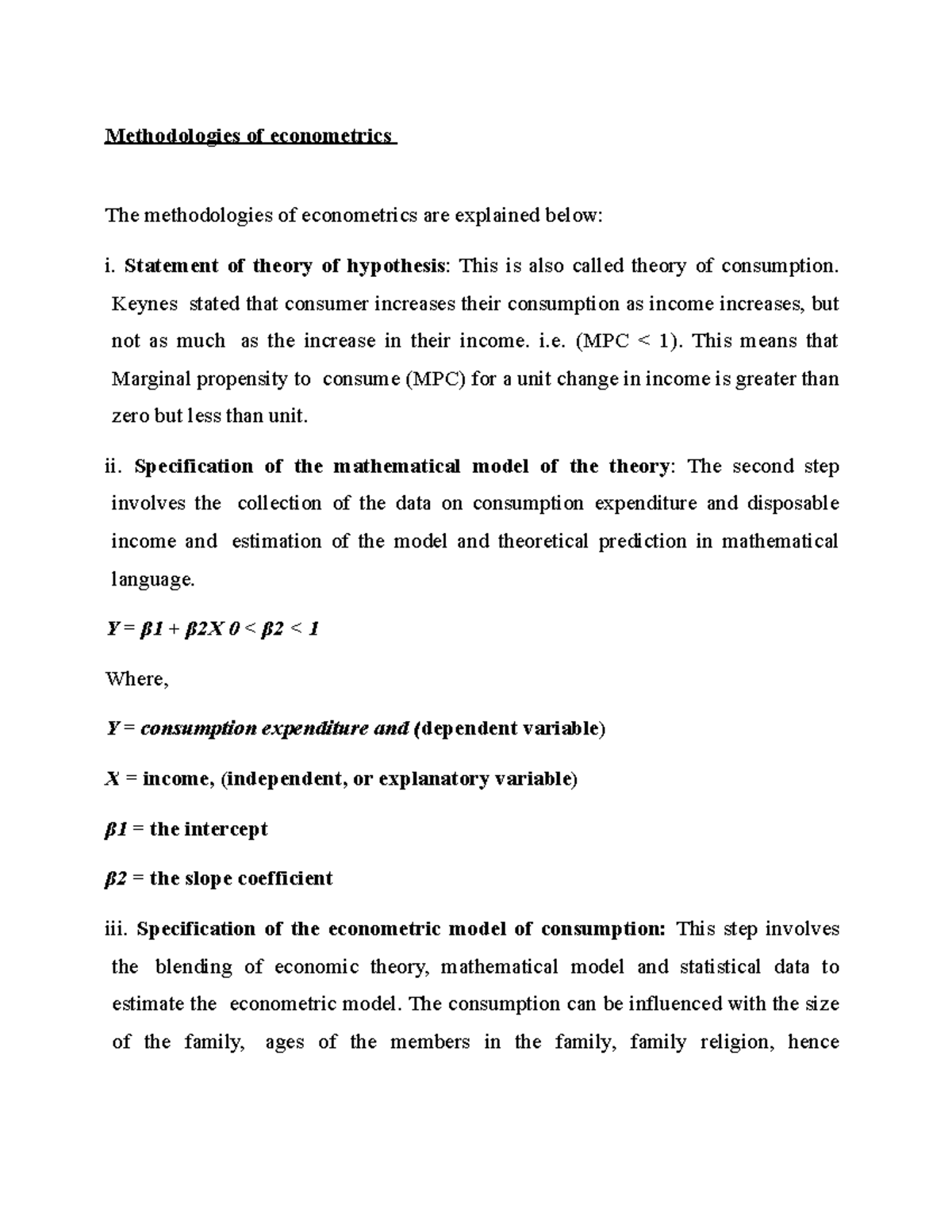 statement of theory or hypothesis in econometrics