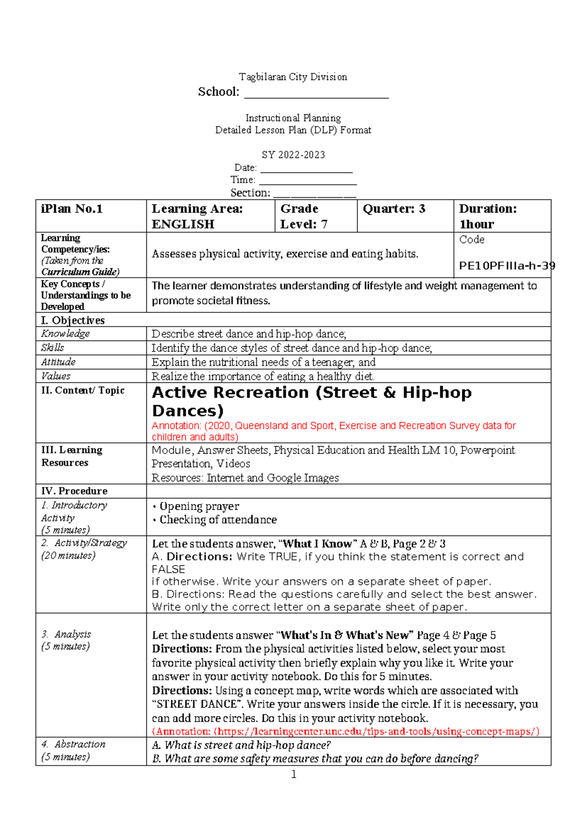 I Plan PE School purpose Tagbilaran City Division School