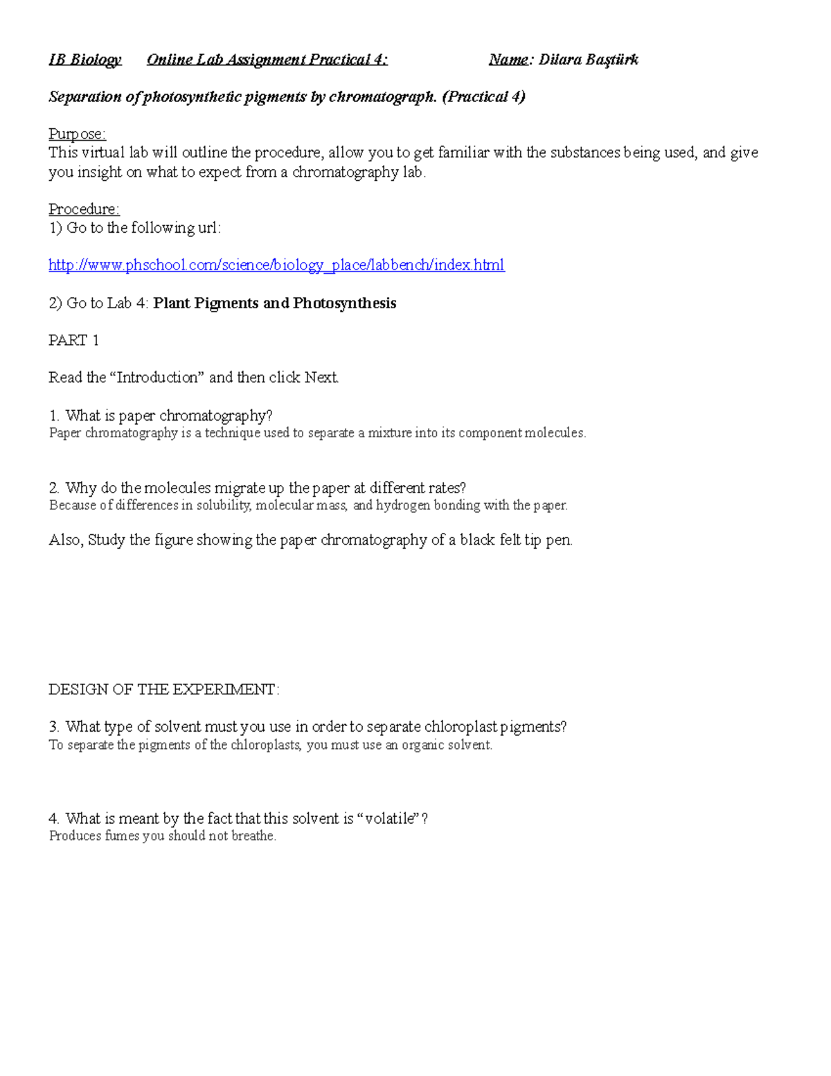 Chromatography virtual simulation IB Biology Online Lab Assignment