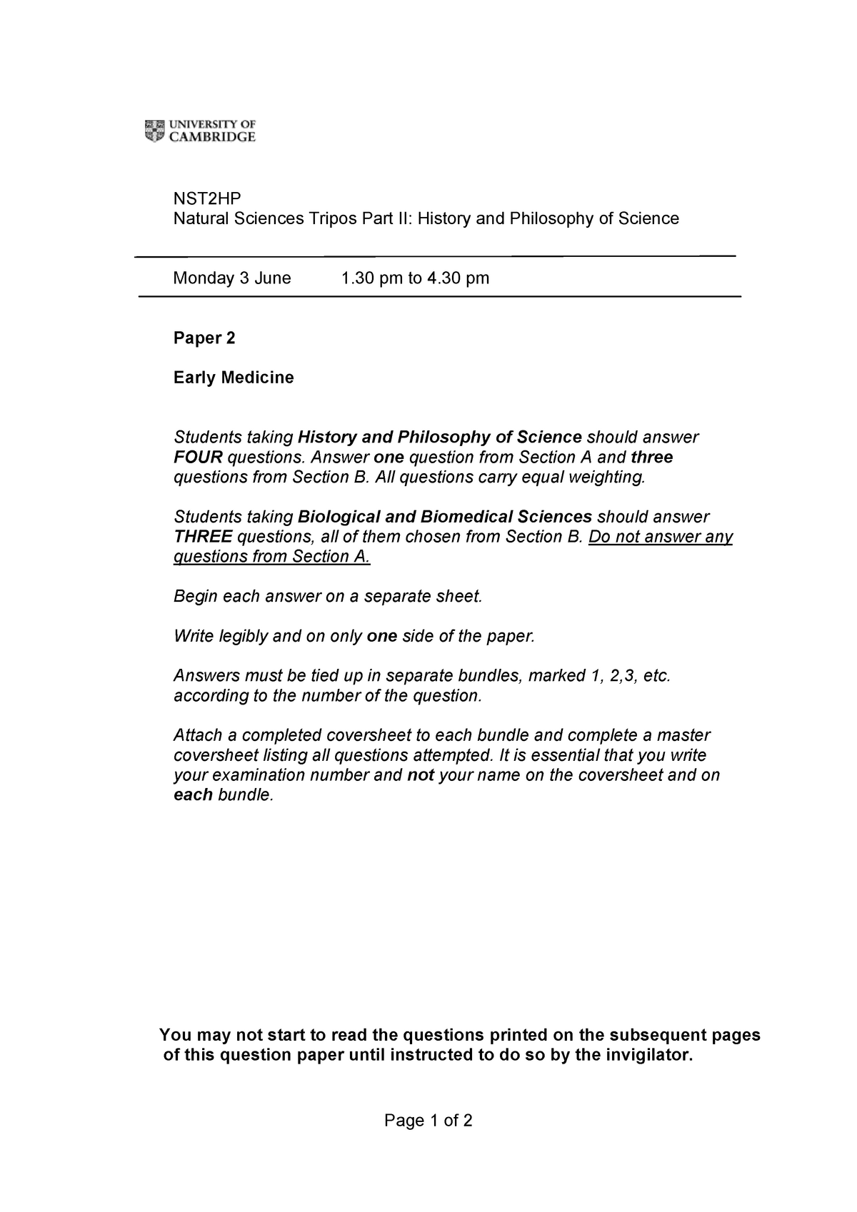 Exam 2013, Questions - NST2HP Natural Sciences Tripos Part II: History ...