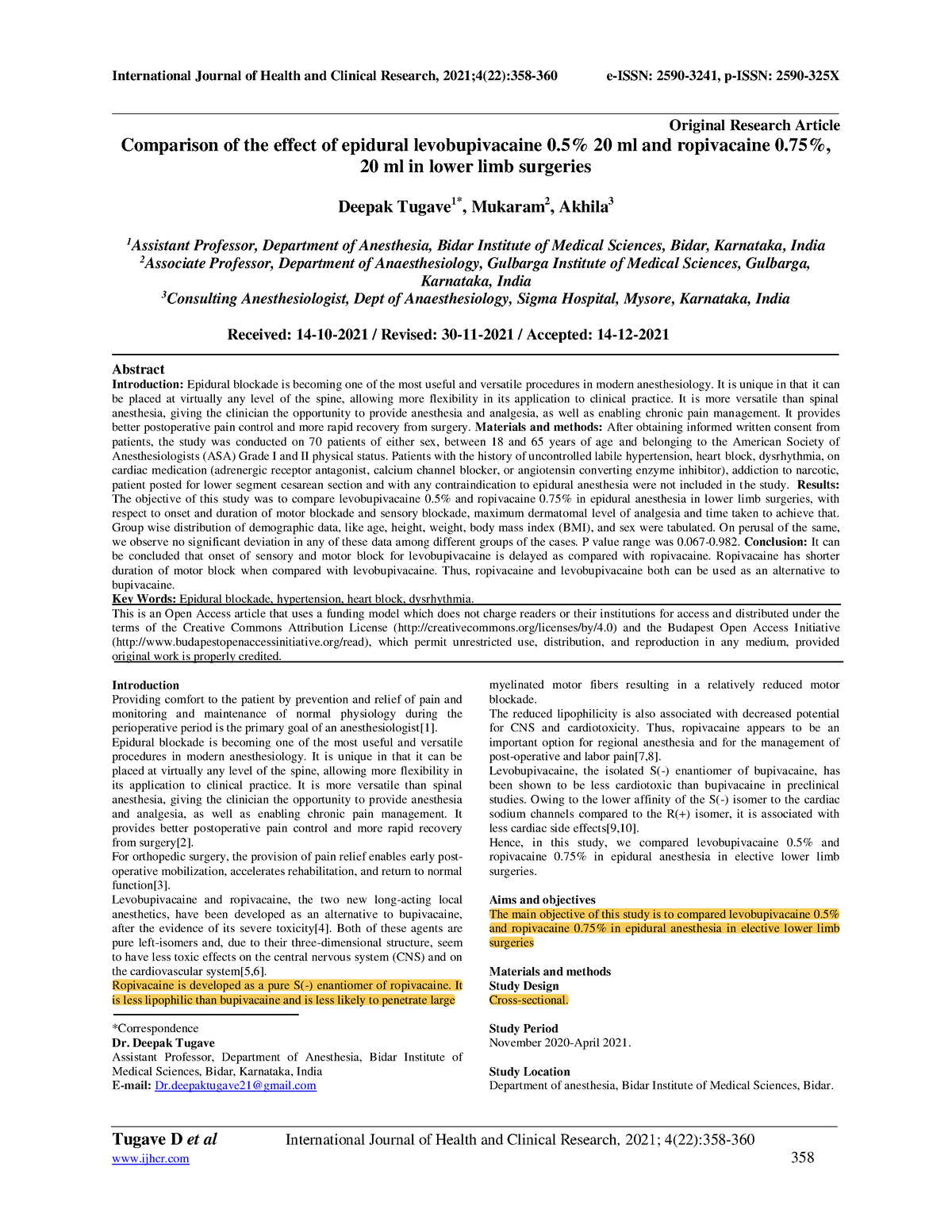 Comparison of the effect of epidural levobupivacaine 0.5% 20 ml and ...