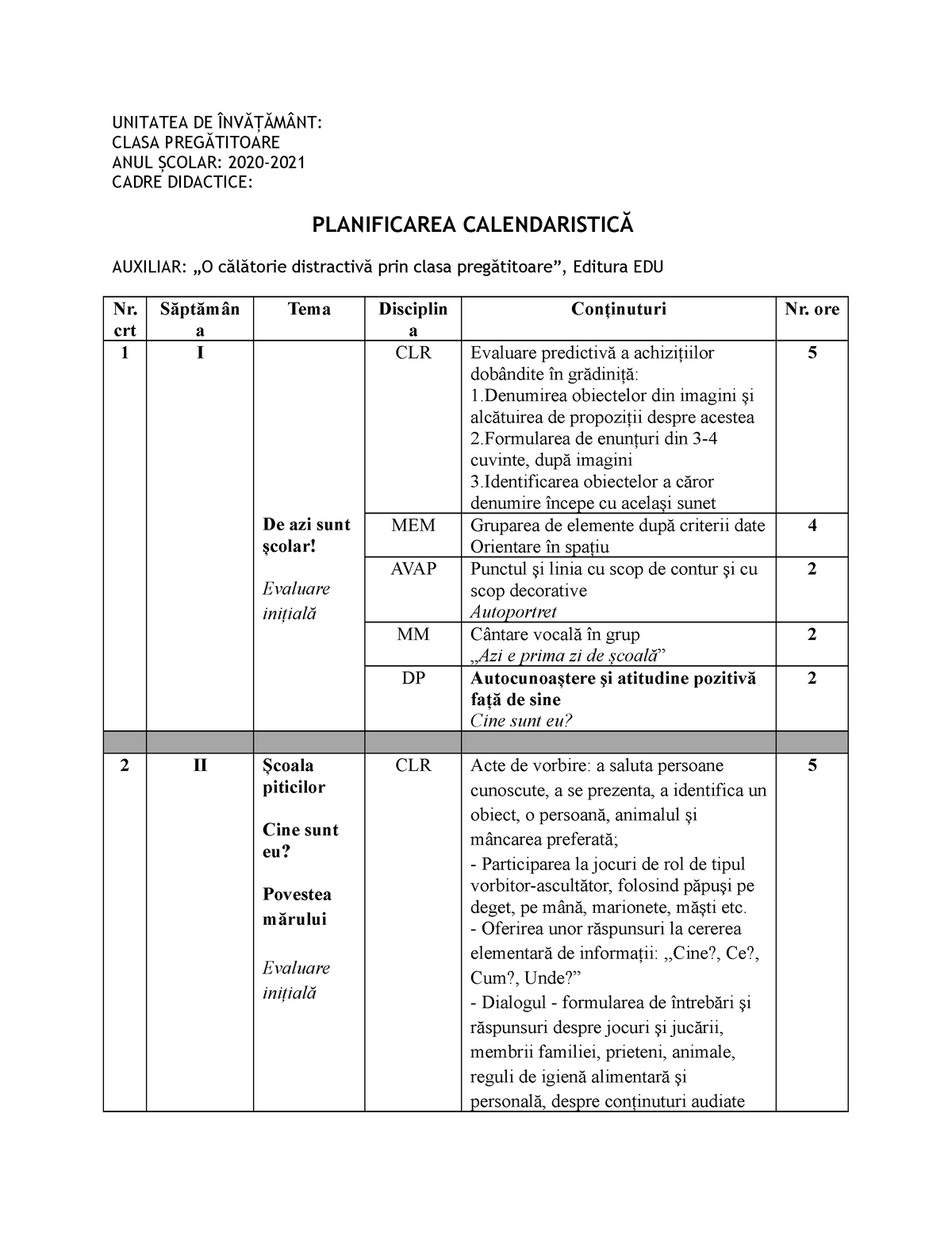 Planificare Calendaristica Clasa Pregatitoare - UNITATEA DE ÎNVĂȚĂMÂNT ...