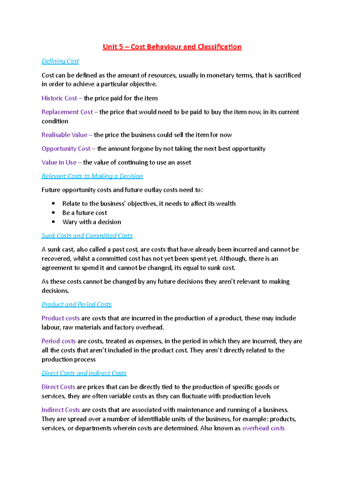 Unit 5 - Cost Behaviour and Classification - Unit 5 – Cost Behaviour ...