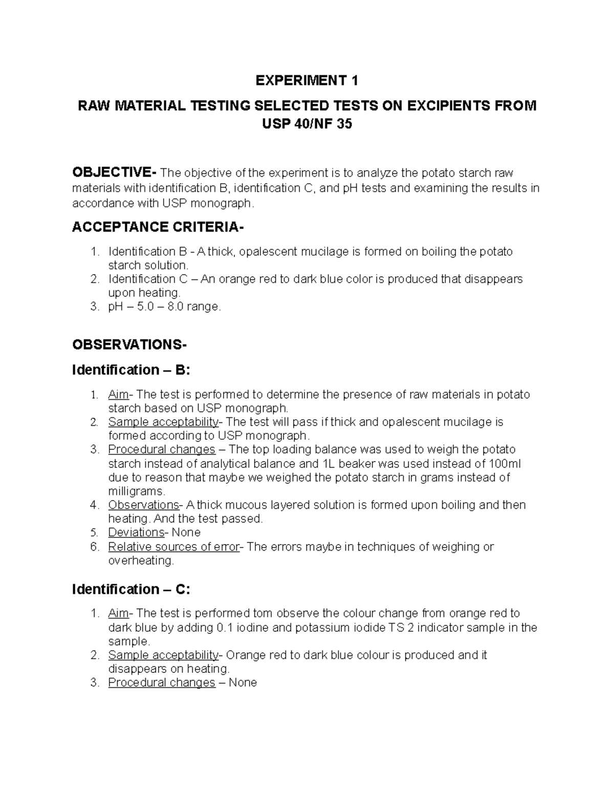 PHRM lab 1 RAW Material Testing ON Excipient FROM USP 40N 35 EXPERIMENT 1 RAW MATERIAL TESTING