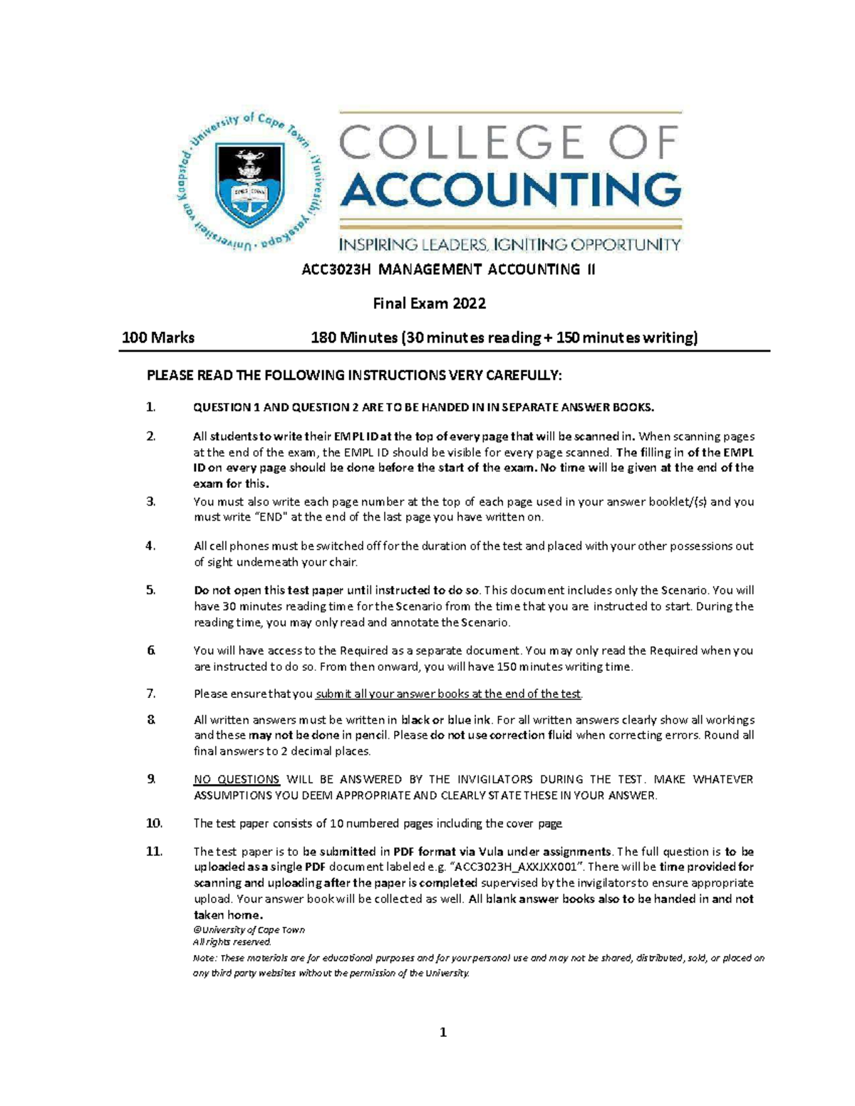 MAN ACC 2022 Final - Past paper - ACC3023H MANAGEMENT ACCOUNTING II ...
