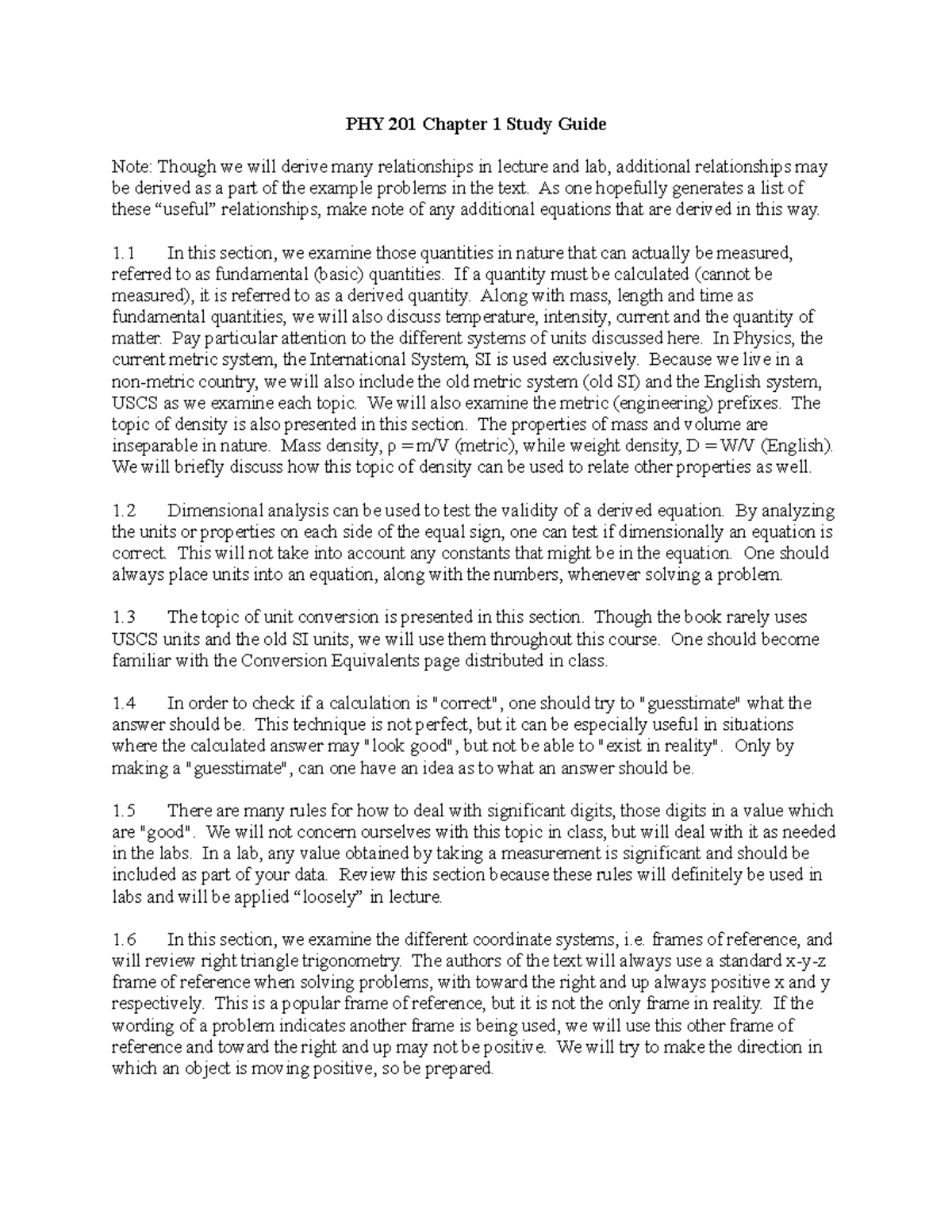 PHY 201 chapter 1 study guide principles - PHY 201 Chapter 1 Study ...