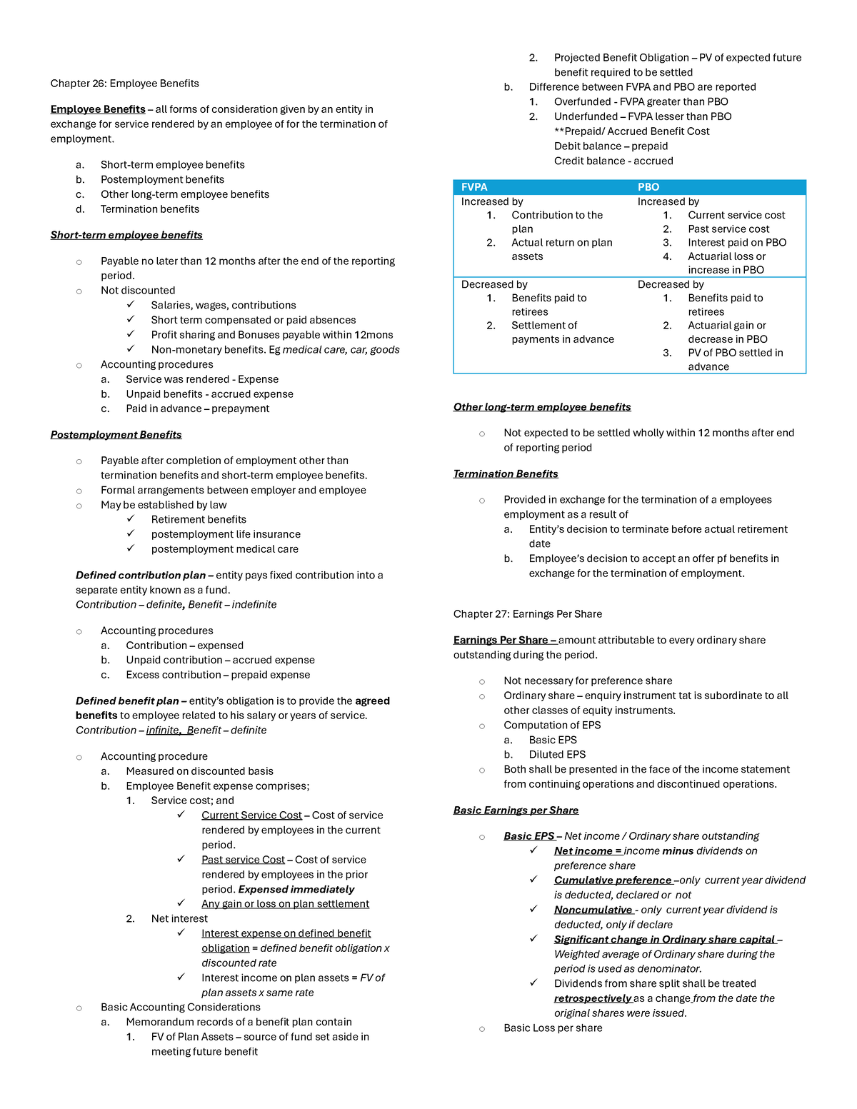 CFAS Chap 23-31 - Brief Lecture Notes - Chapter 26: Employee Benefits ...