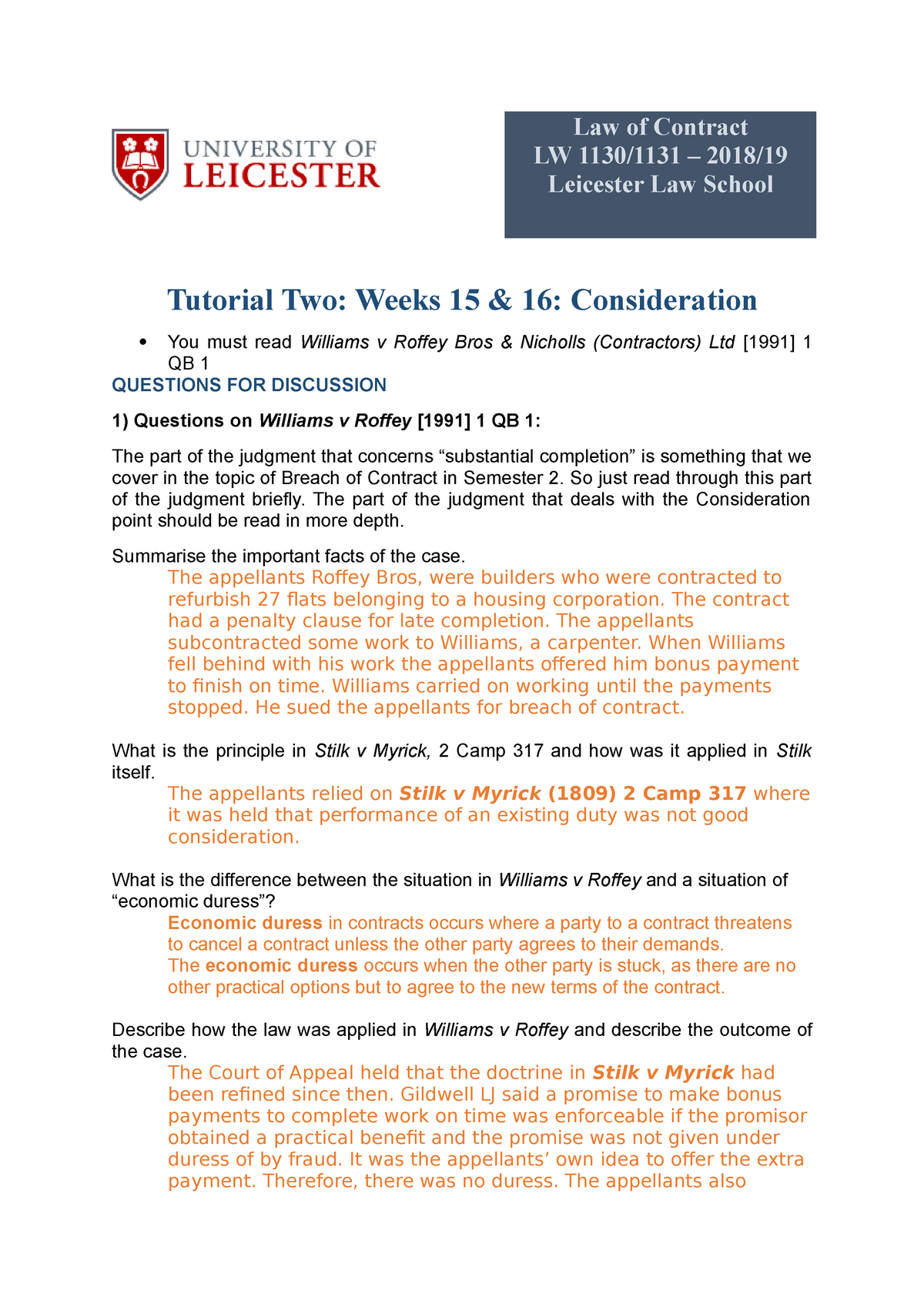 Tutorial 2 CL - Law Of Contract LW 1130/1131 – 2018/ Leicester Law ...