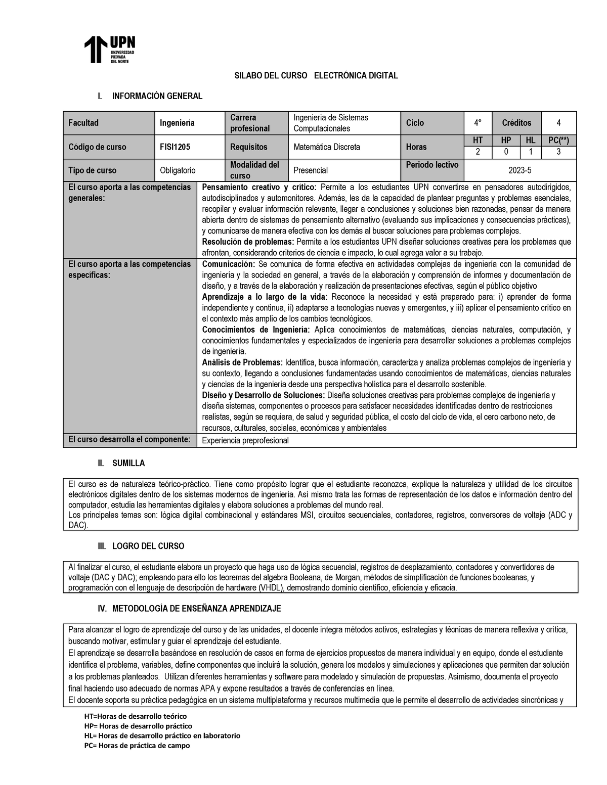 Silabo E - HT=Horas De Desarrollo TeÛrico HP= Horas De Desarrollo Pr ...