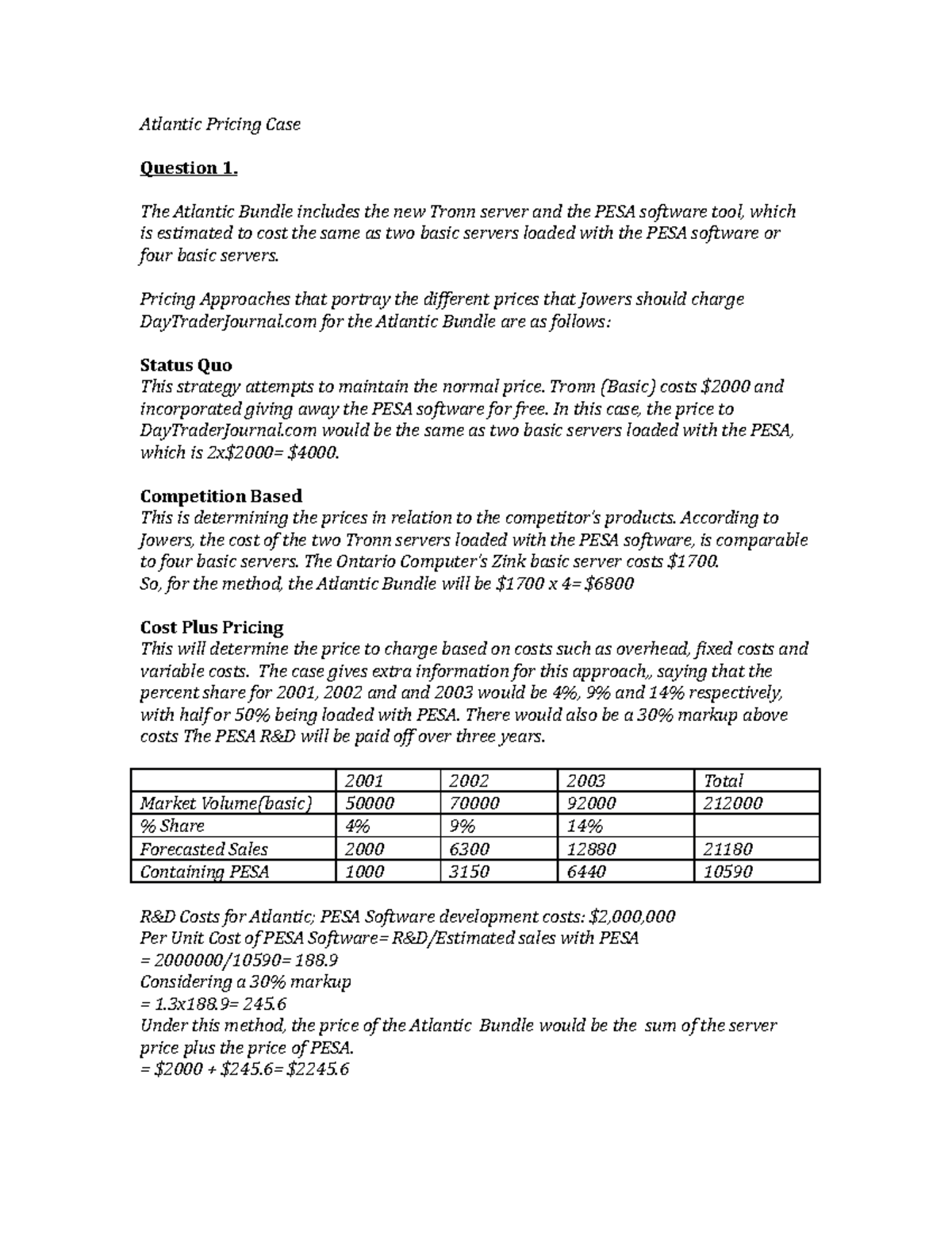 Mkt case Atlantic Pricing Case Question 1. The Atlantic Bundle