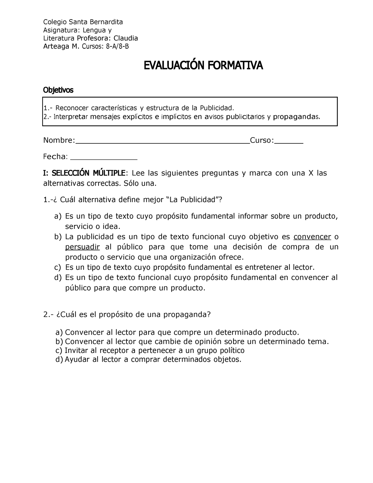 Evaluación Formativa 8 A 8 B Lengua Y Literatura - Colegio Santa ...