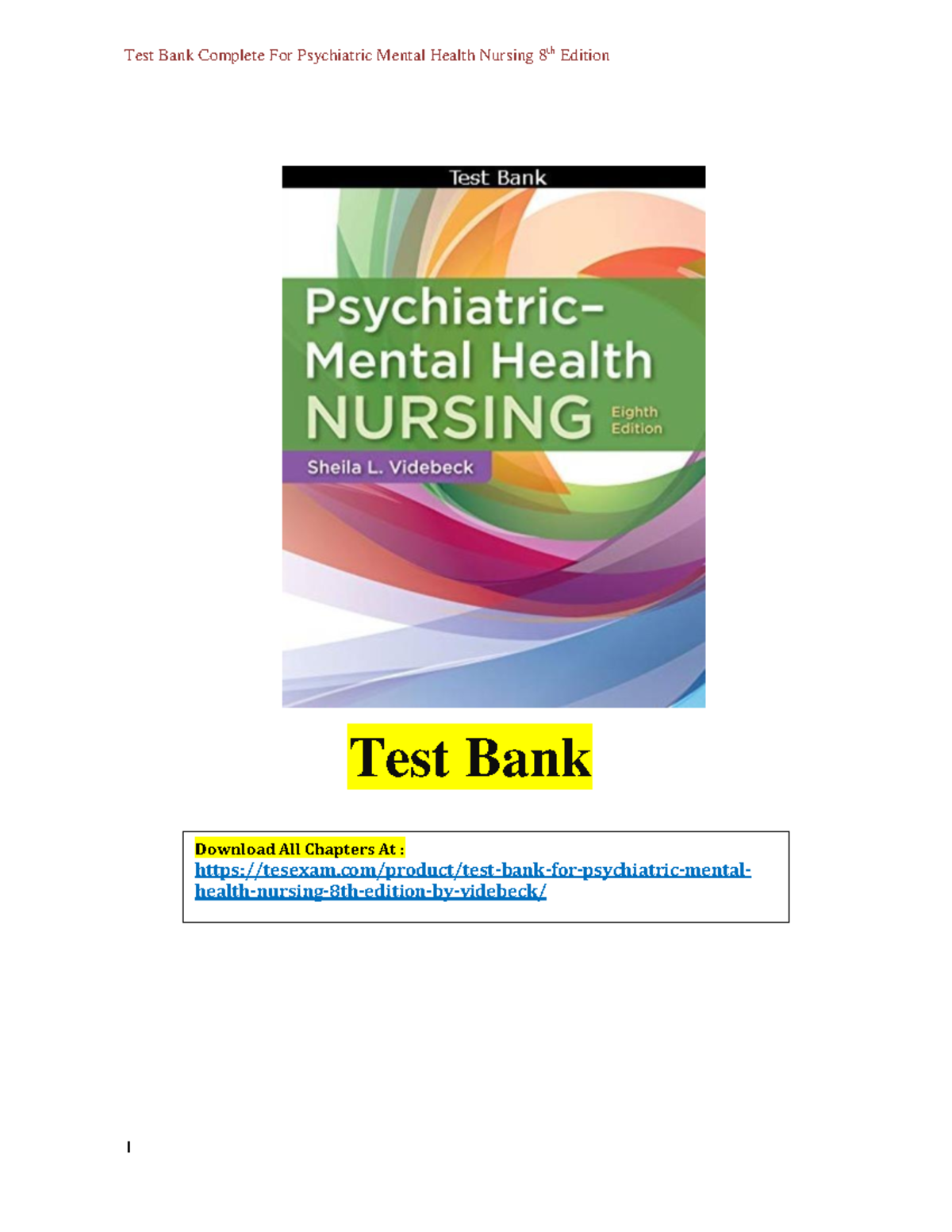 Psychiatric-Mental Health Nursing 8th Edition Videbeck Test Bank1 ...