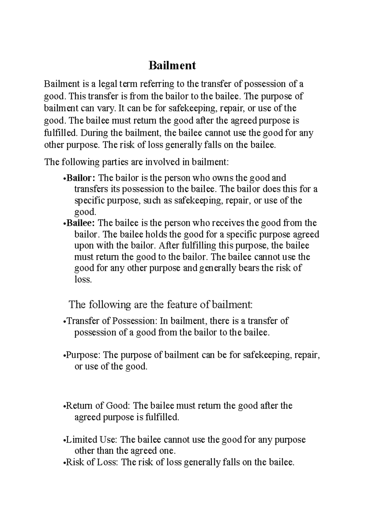 Bailment and pledge - brief summary notes - Bailment Bailment is a ...