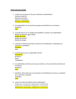 Cuestionario Análisis - STACKEHOLDERS ¿Cuáles son los grupos en los que se  dividen los stakeholders? - Studocu