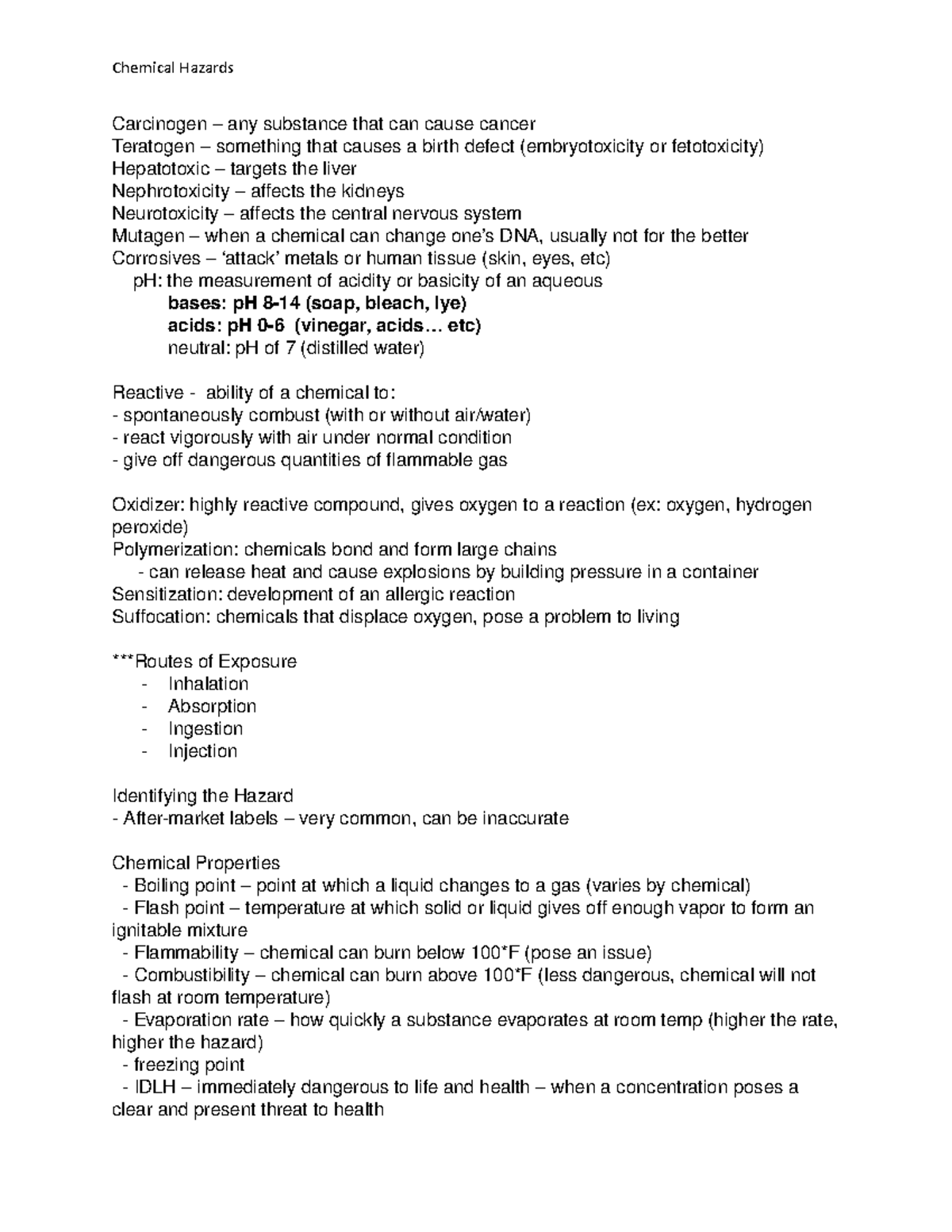 Jan 26th notes - chemical hazards - chemical hazards - Chemical Hazards ...