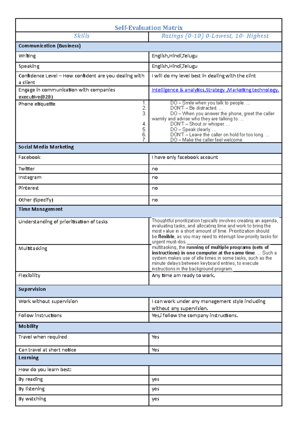 Self Evaluation Matrix - Self-Evaluation Matrix Skills Ratings (0-10) 0 ...