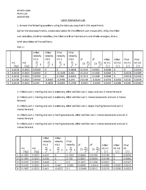 Lab 8: Mechanical Energy - Amelia Lobo PHYS 123 A Lab 8: Mechanical ...