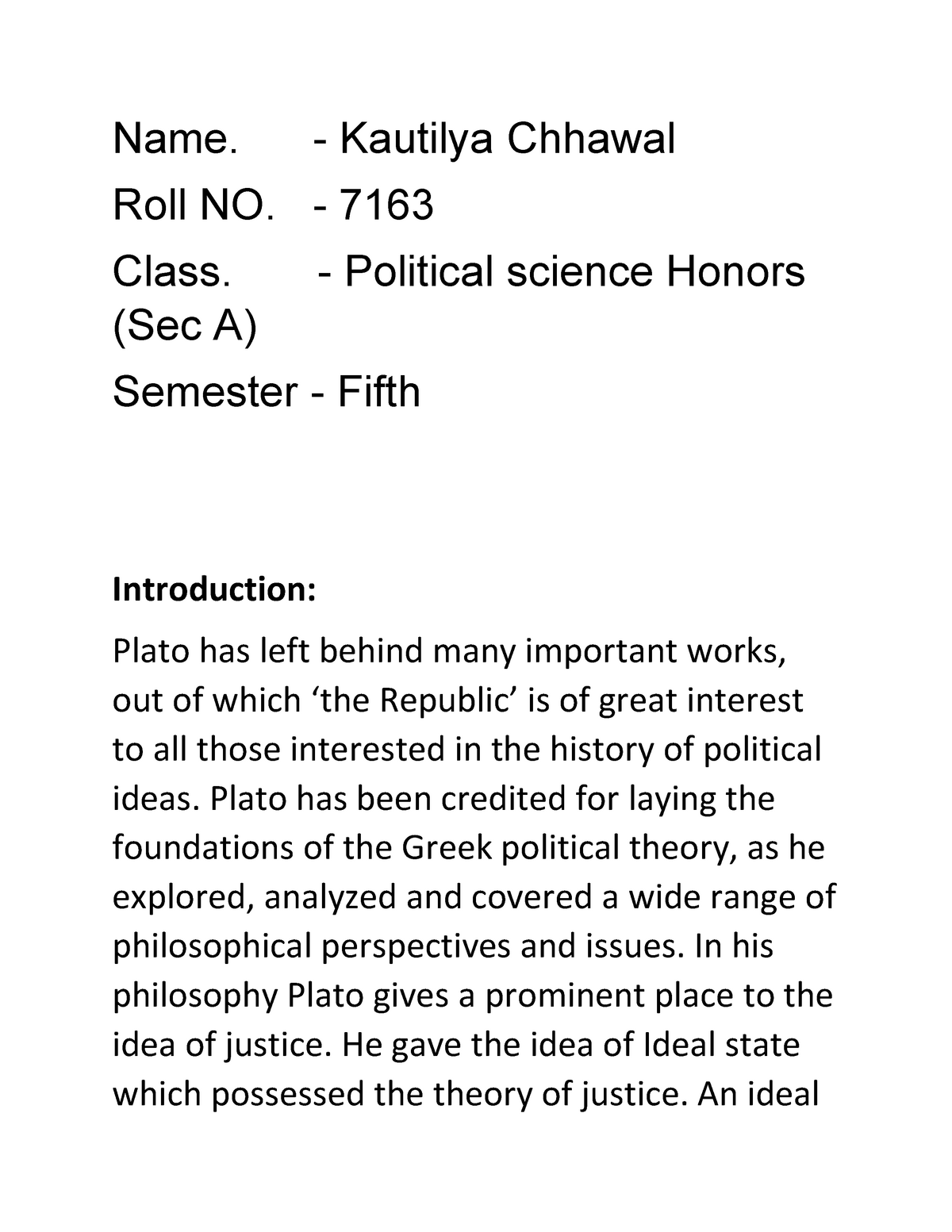 Platos Theory Of Justice, Classical Political Philosophy - Name ...