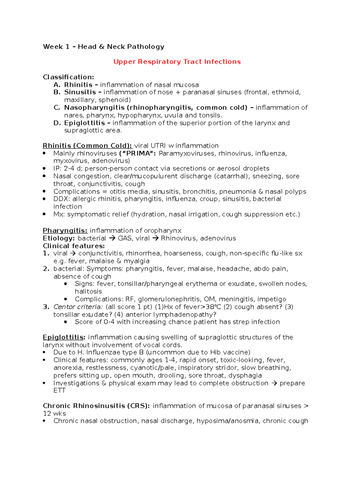 Summary - lecture 1 - Head & neck - Week 1 Head Neck Pathology Upper ...