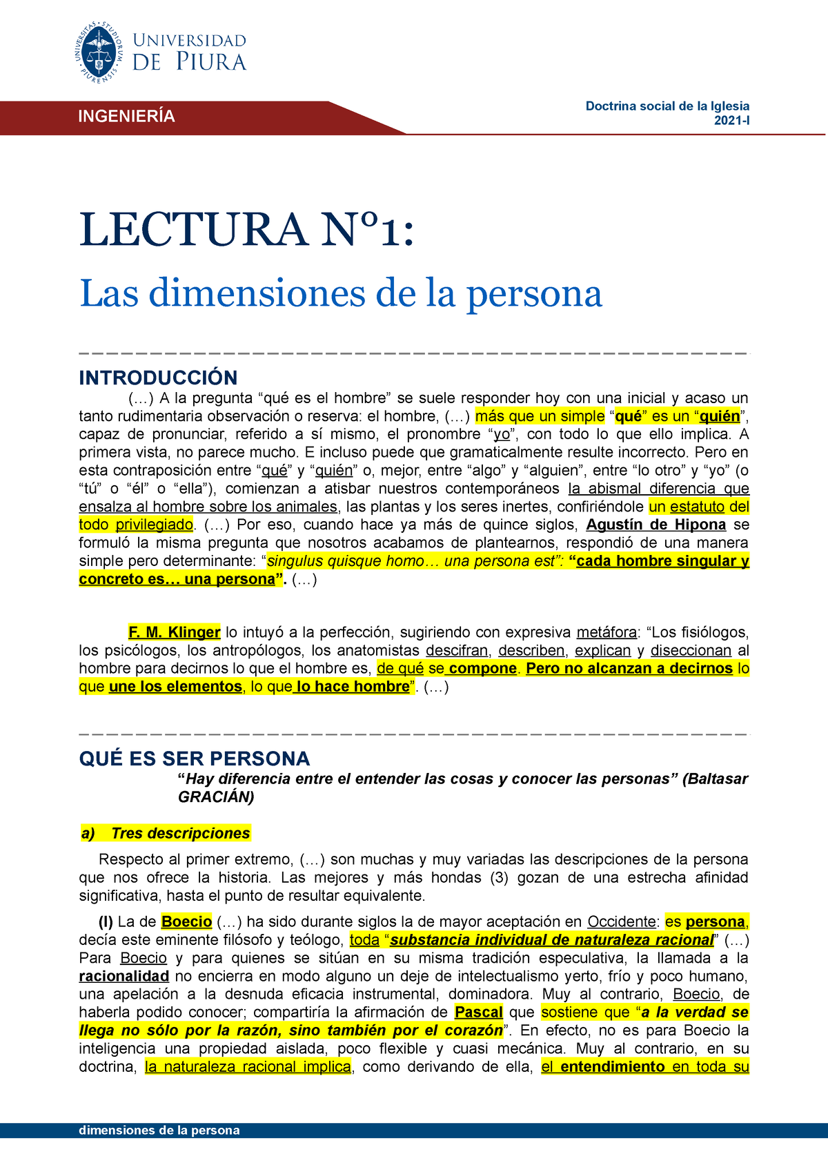 2 - I. LAS Dimensiones DE LA Persona - INGENIERÍA Doctrina social de la  Iglesia 2021-I Las - Studocu