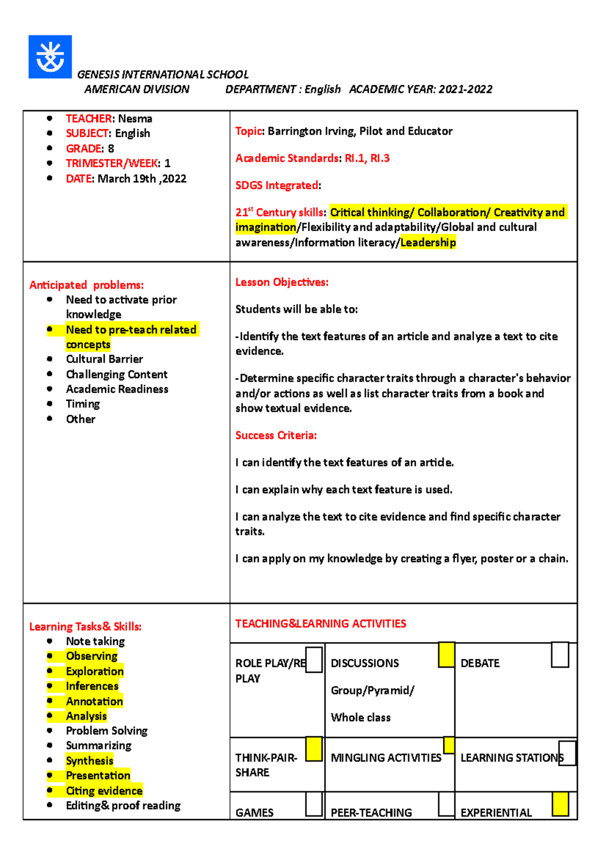 Reading Lesson plan - AMERICAN DIVISION DEPARTMENT : English ACADEMIC ...
