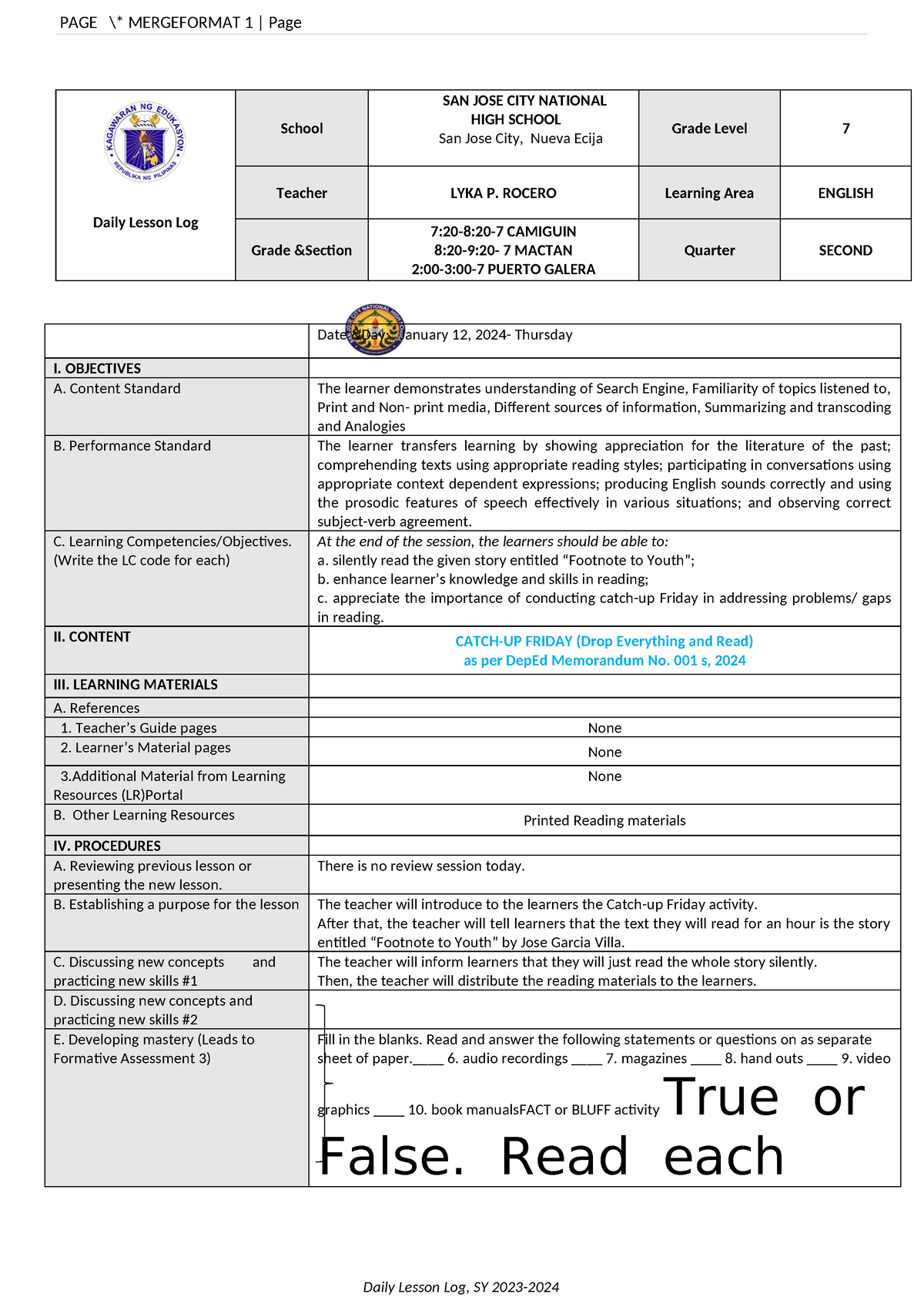 Q2- January-12 - Drop everything and read - Daily Lesson Log School SAN ...