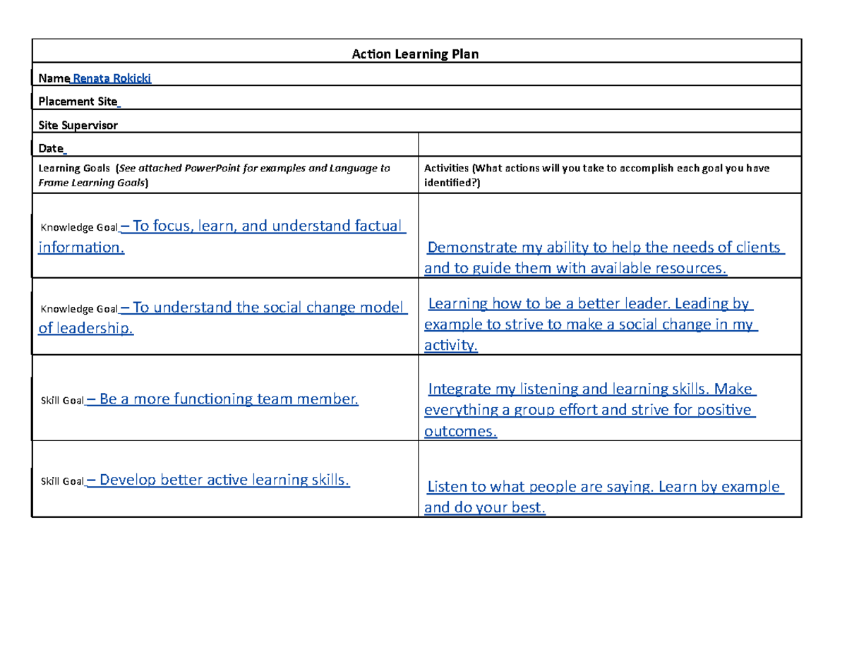 Journal #3 - Learning Plan - Action Learning Plan Name Renata Rokicki ...
