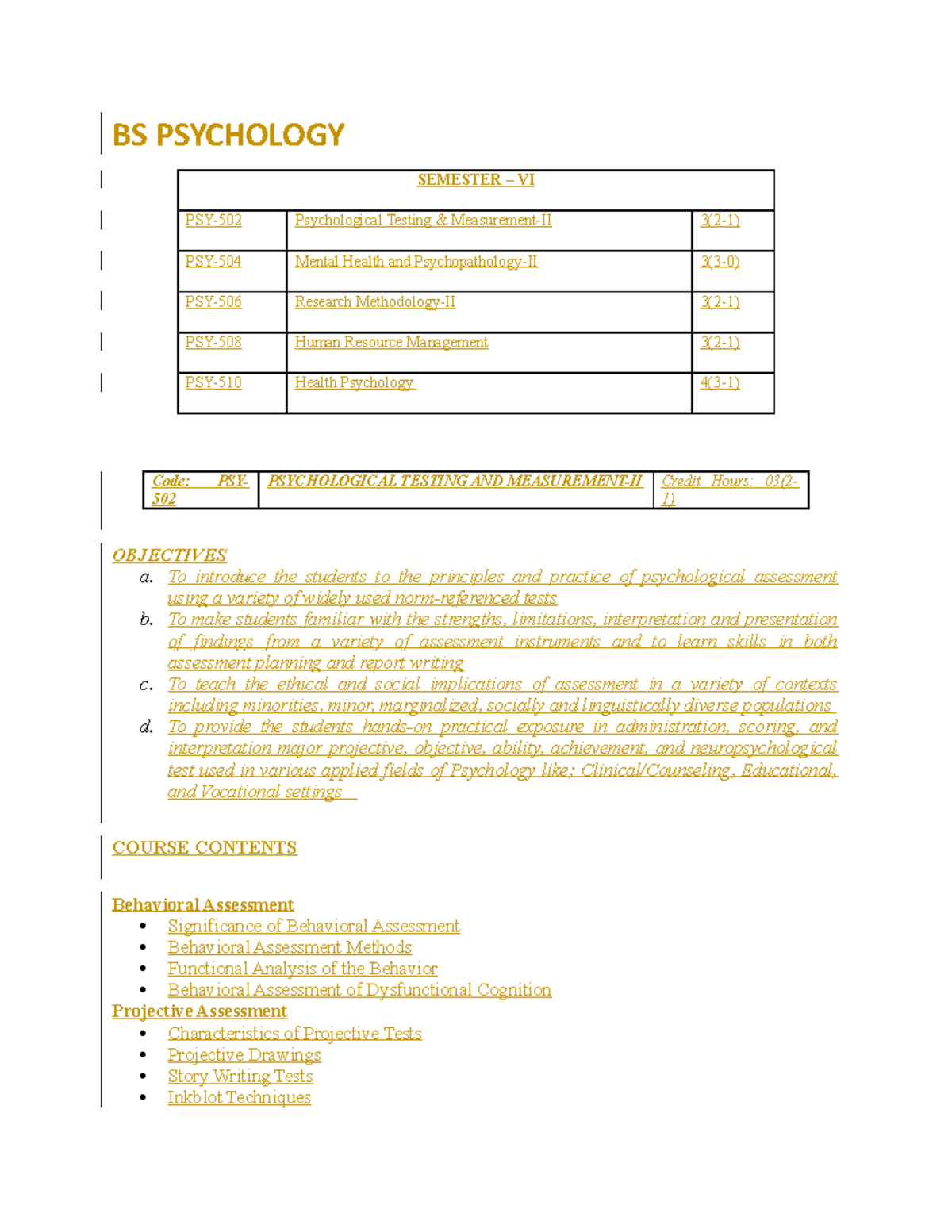 BS PSY 6 2020 Outline - BS PSYCHOLOGY SEMESTER – VI PSY-502 ...